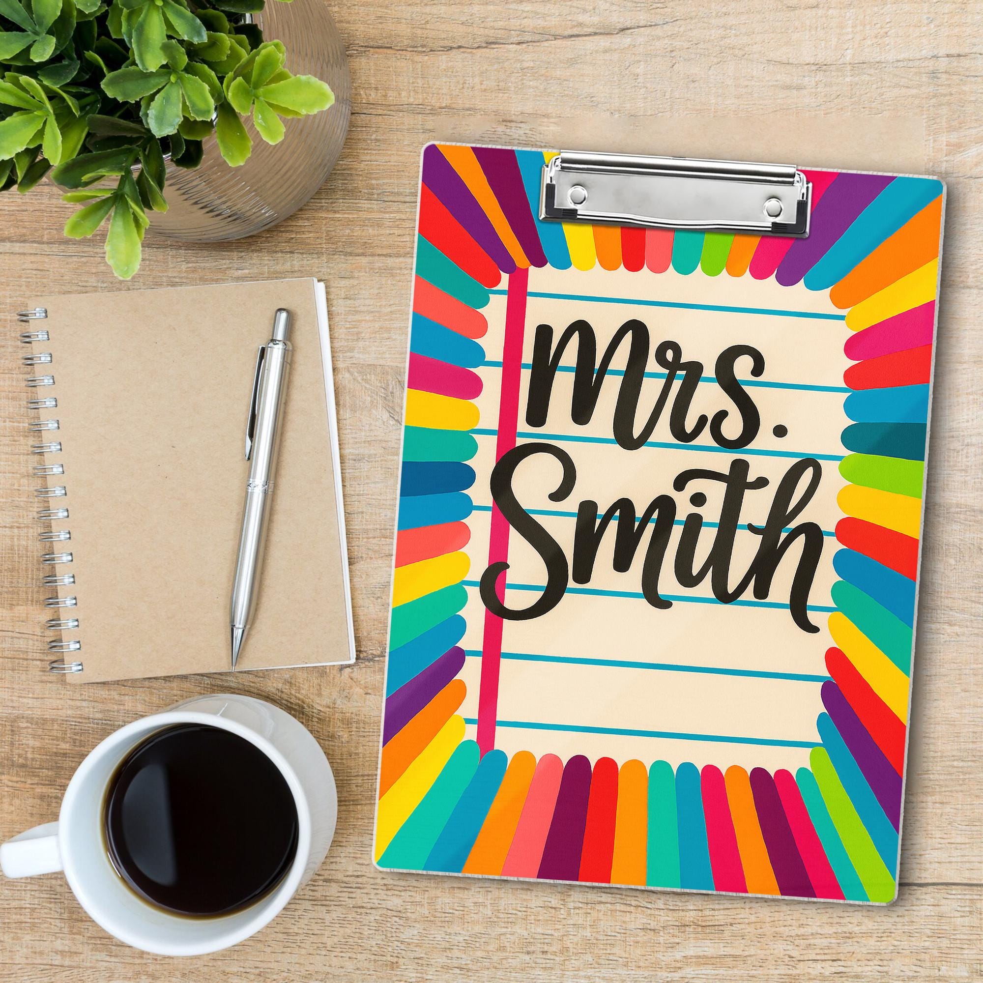 Personalized Teacher Clipboard – Rainbow Pencil Design with Custom Name – Cute Classroom Accessory for Teachers, Educators, Back to School
