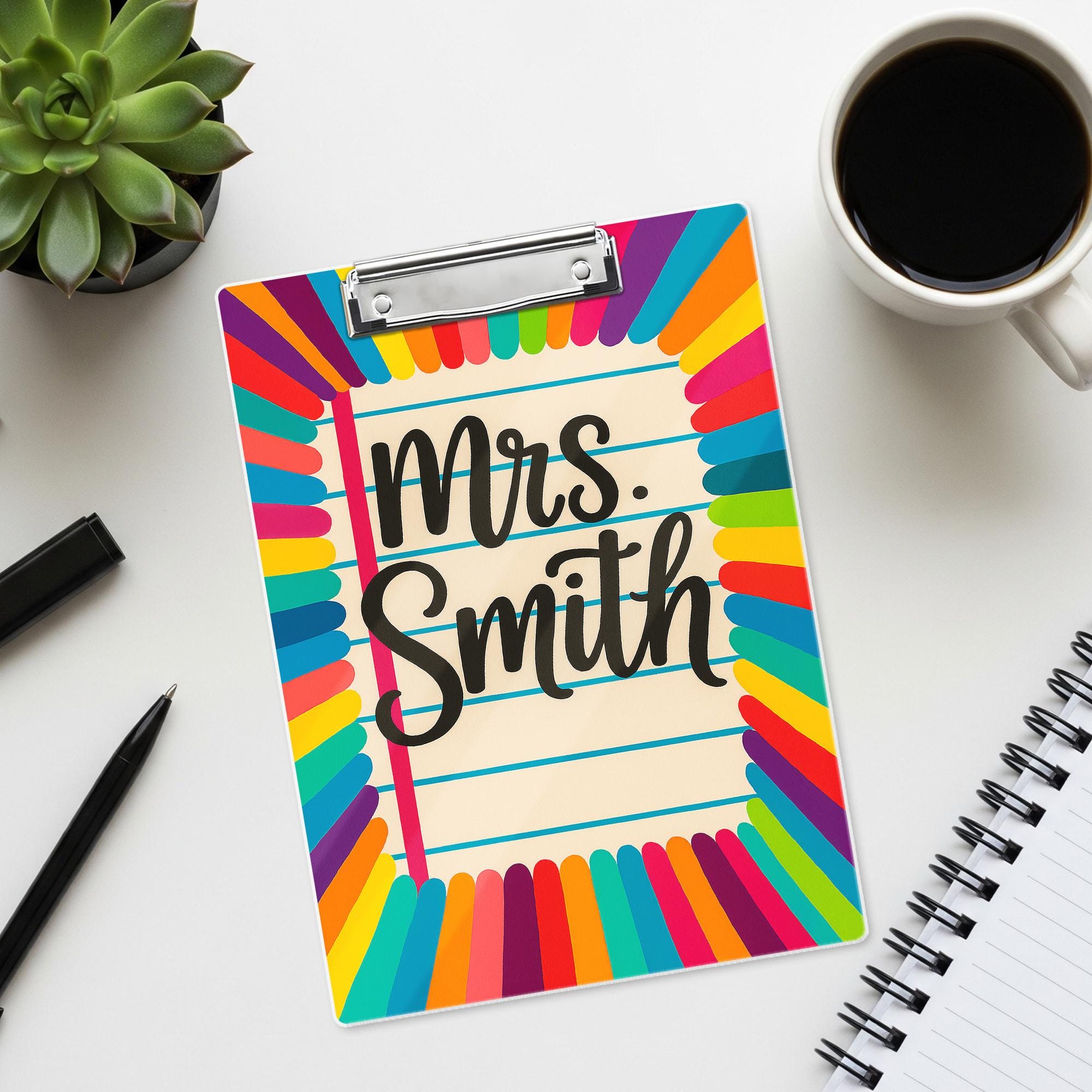 Personalized Teacher Clipboard – Rainbow Pencil Design with Custom Name – Cute Classroom Accessory for Teachers, Educators, Back to School