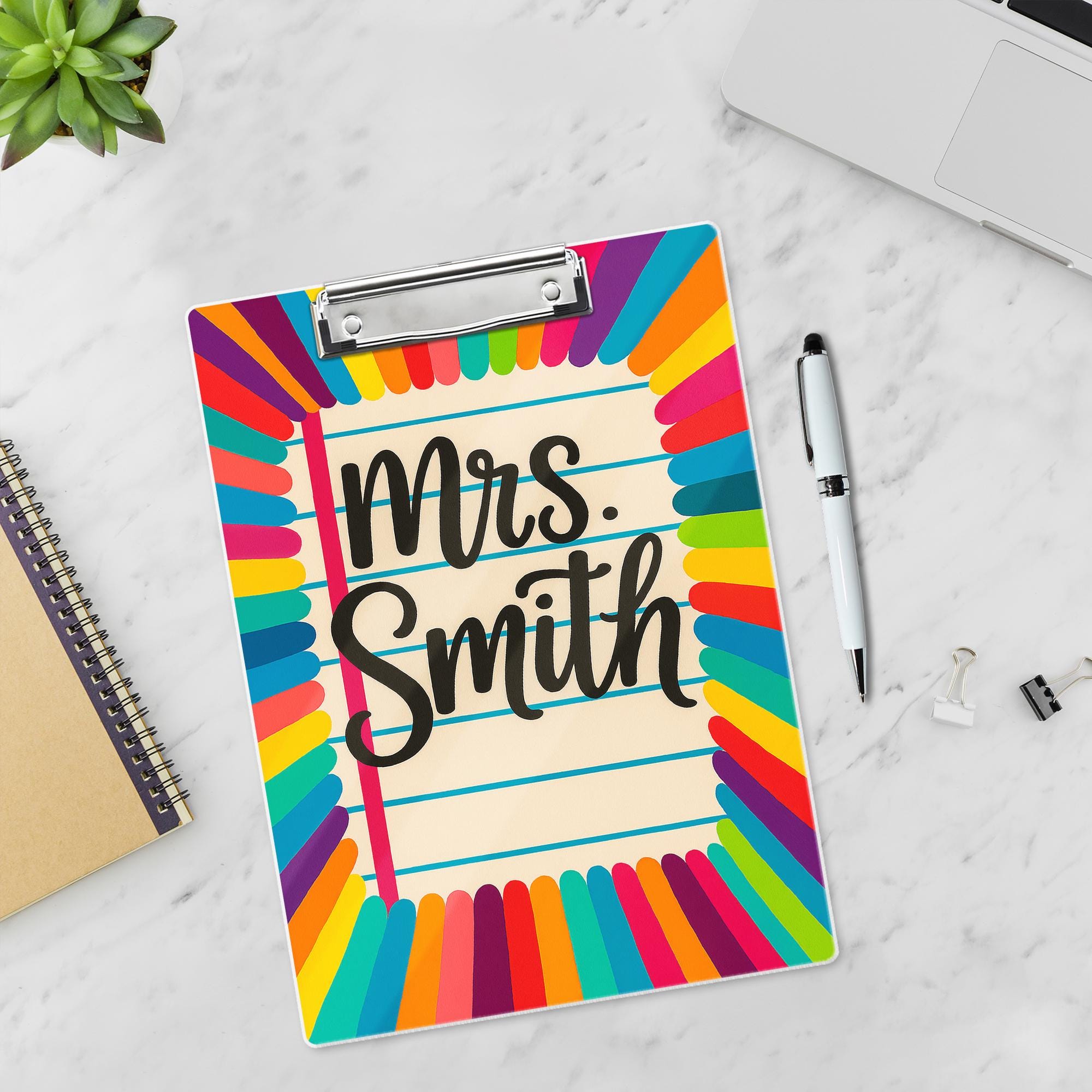 Personalized Teacher Clipboard – Rainbow Pencil Design with Custom Name – Cute Classroom Accessory for Teachers, Educators, Back to School