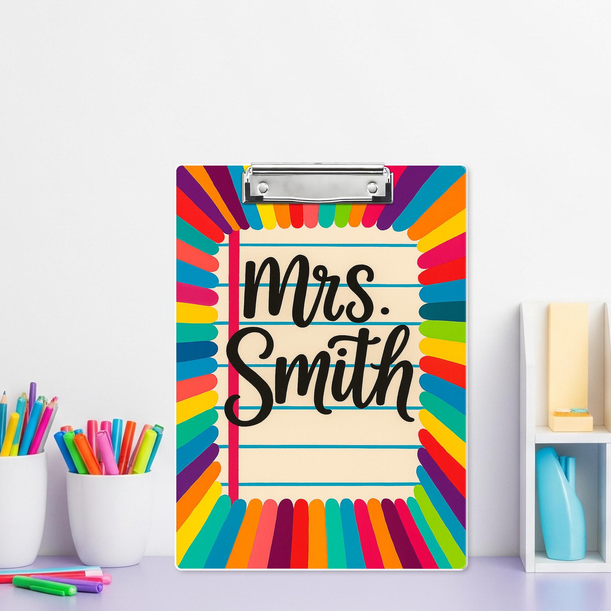 Personalized Teacher Clipboard – Rainbow Pencil Design with Custom Name – Cute Classroom Accessory for Teachers, Educators, Back to School