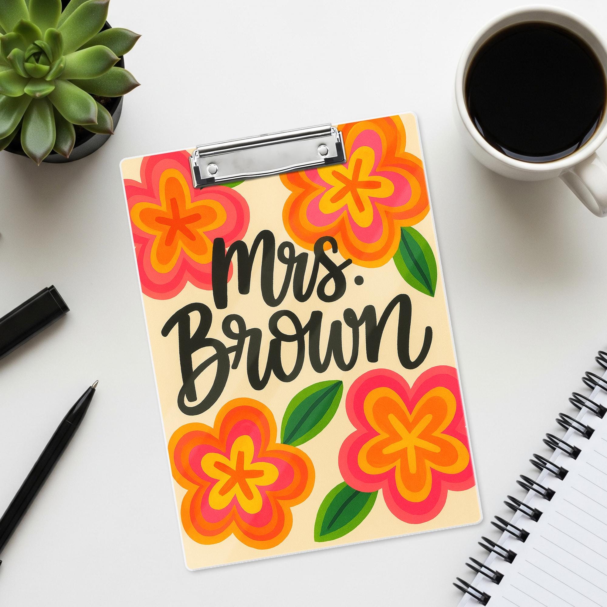 Custom Teacher Clipboard – Retro Floral Design with Personalized Name – Fun Back to School Gift for Teachers, Educators, Classroom Accessory