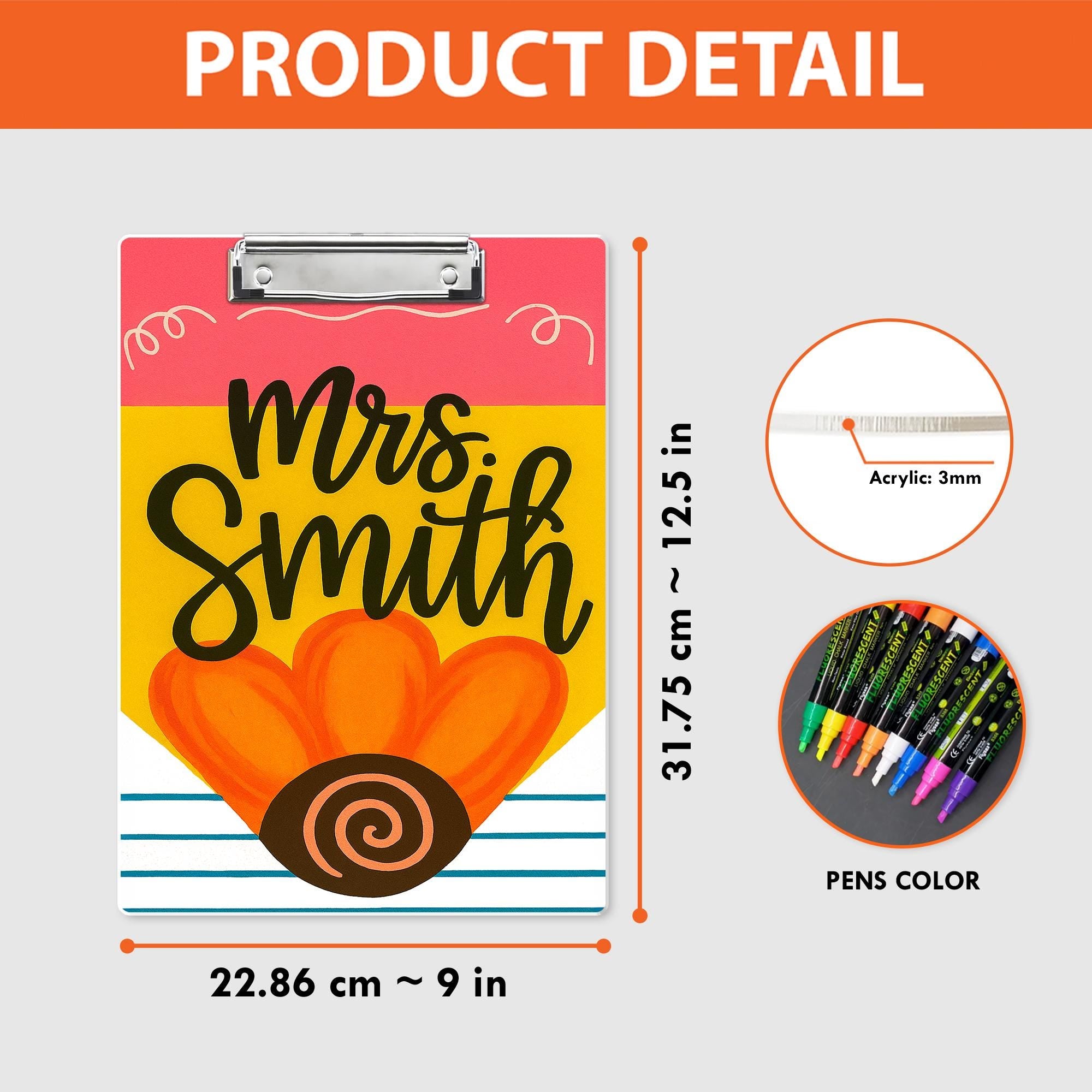 Personalized Teacher Clipboard – Cute Pencil Design with Custom Name for Teachers, Educators, Fun and Colorful Back to School Classroom Gift
