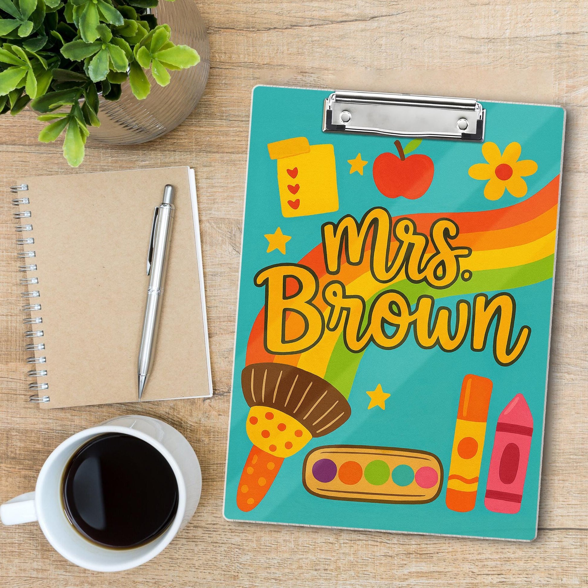 Custom Teacher Clipboard – Rainbow & Art Supplies Design with Name – Fun Back to School Gift for Teachers, Educators, Classroom Accessory