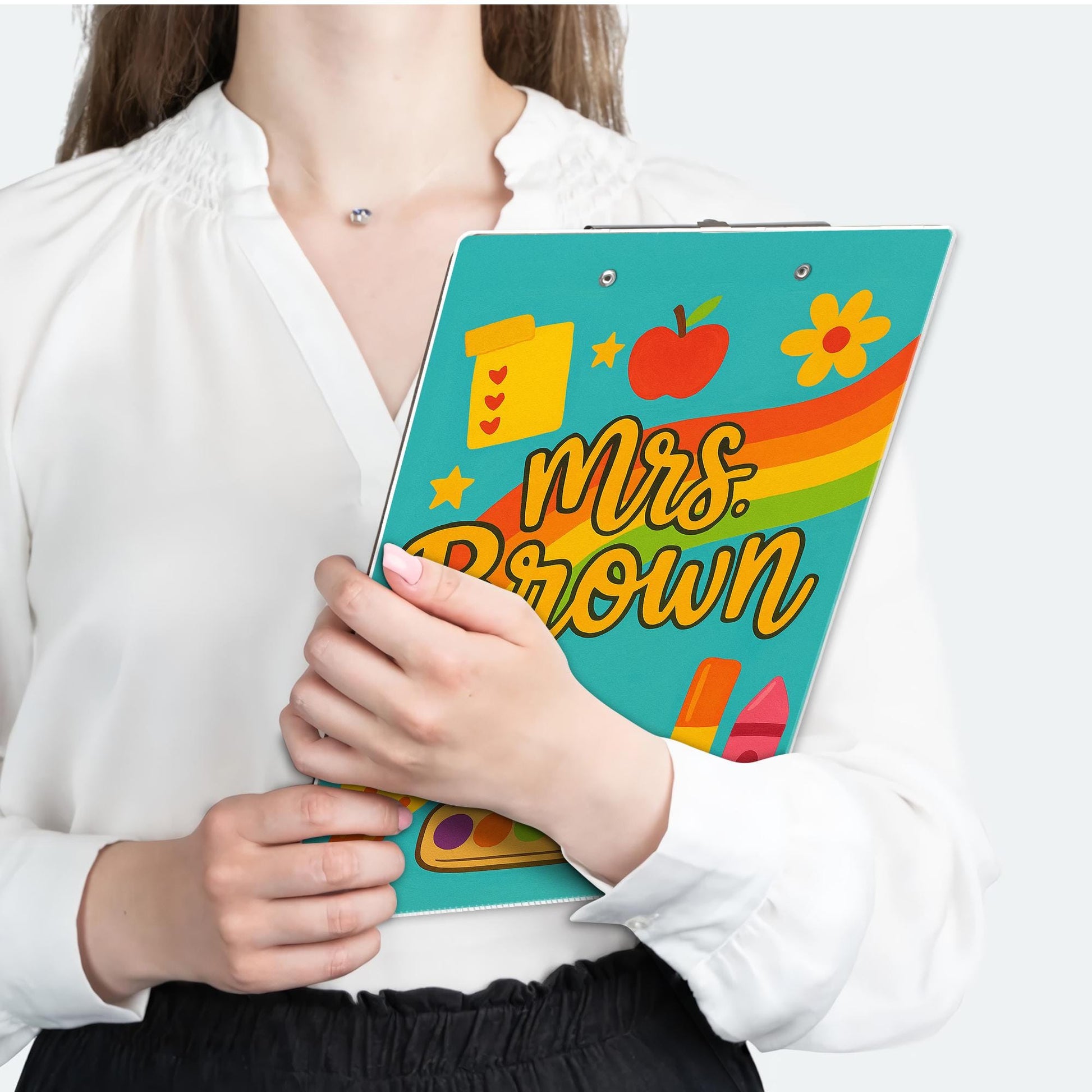 Custom Teacher Clipboard – Rainbow & Art Supplies Design with Name – Fun Back to School Gift for Teachers, Educators, Classroom Accessory