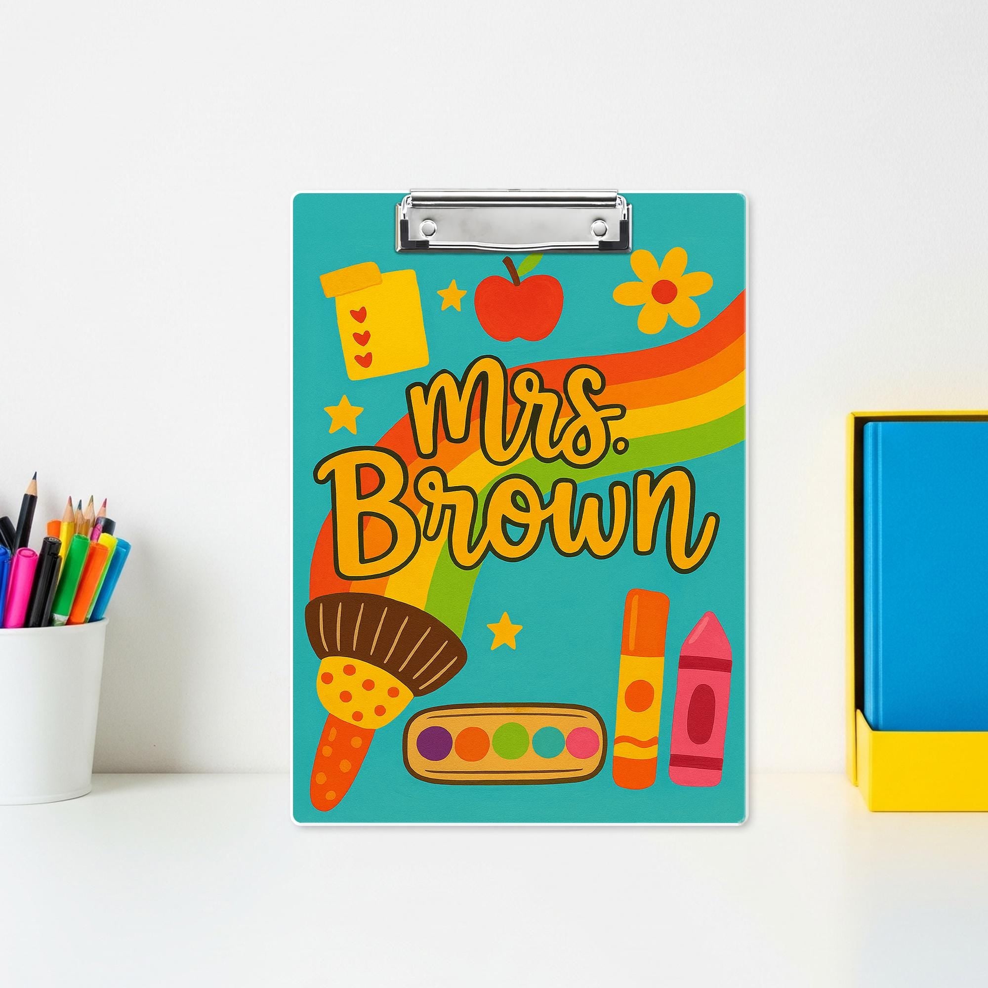 Custom Teacher Clipboard – Rainbow & Art Supplies Design with Name – Fun Back to School Gift for Teachers, Educators, Classroom Accessory