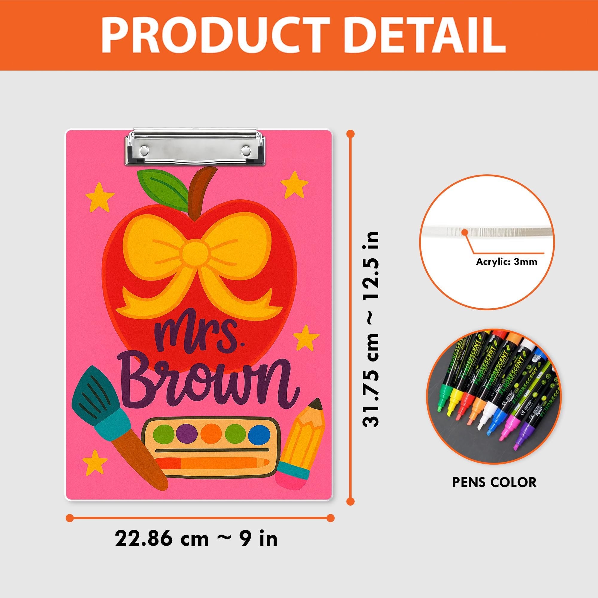 Personalized Teacher Clipboard – Cute Apple with Bow & Art Supplies Design, Custom Back to School Gift for Teachers, Educators, School Staff