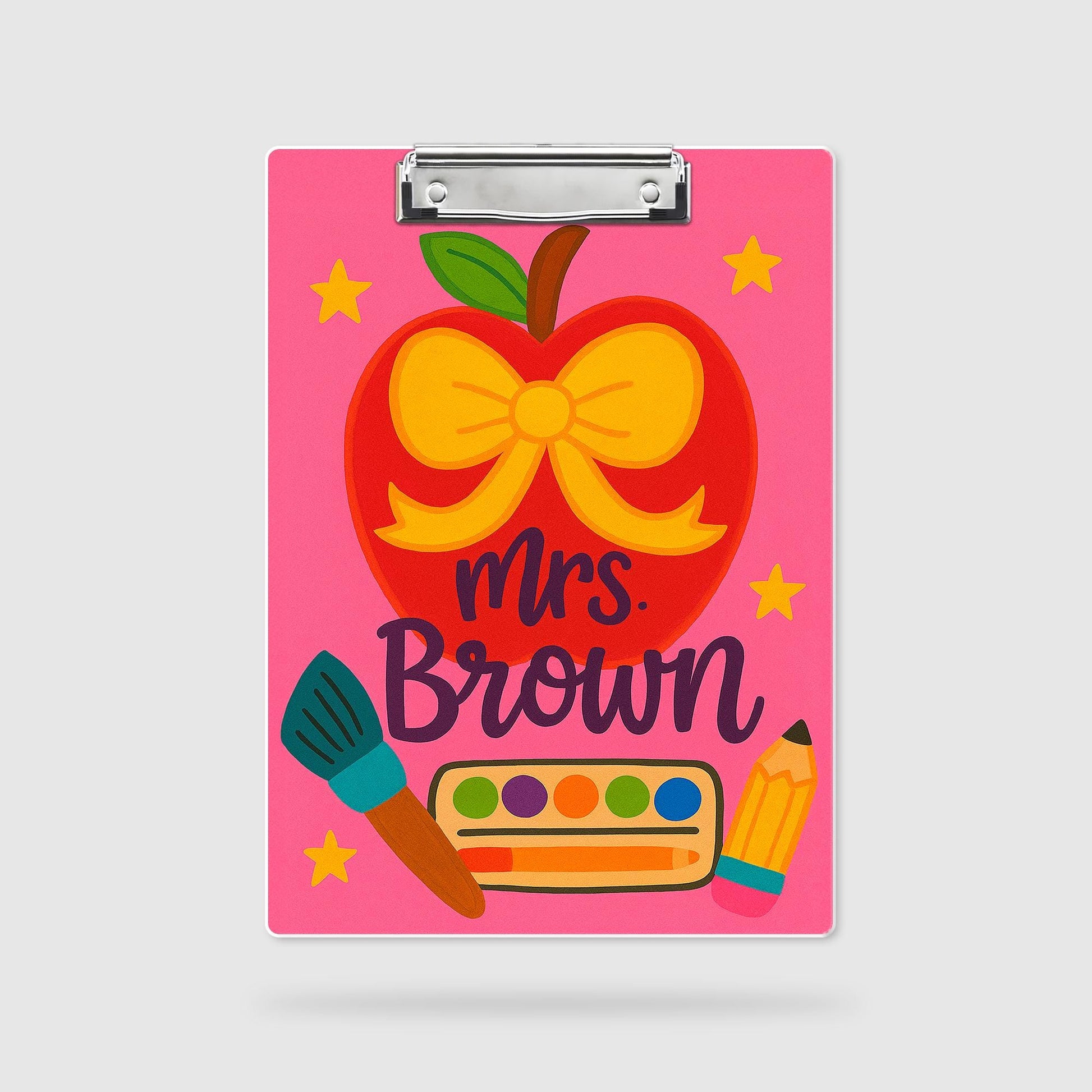 Personalized Teacher Clipboard – Cute Apple with Bow & Art Supplies Design, Custom Back to School Gift for Teachers, Educators, School Staff