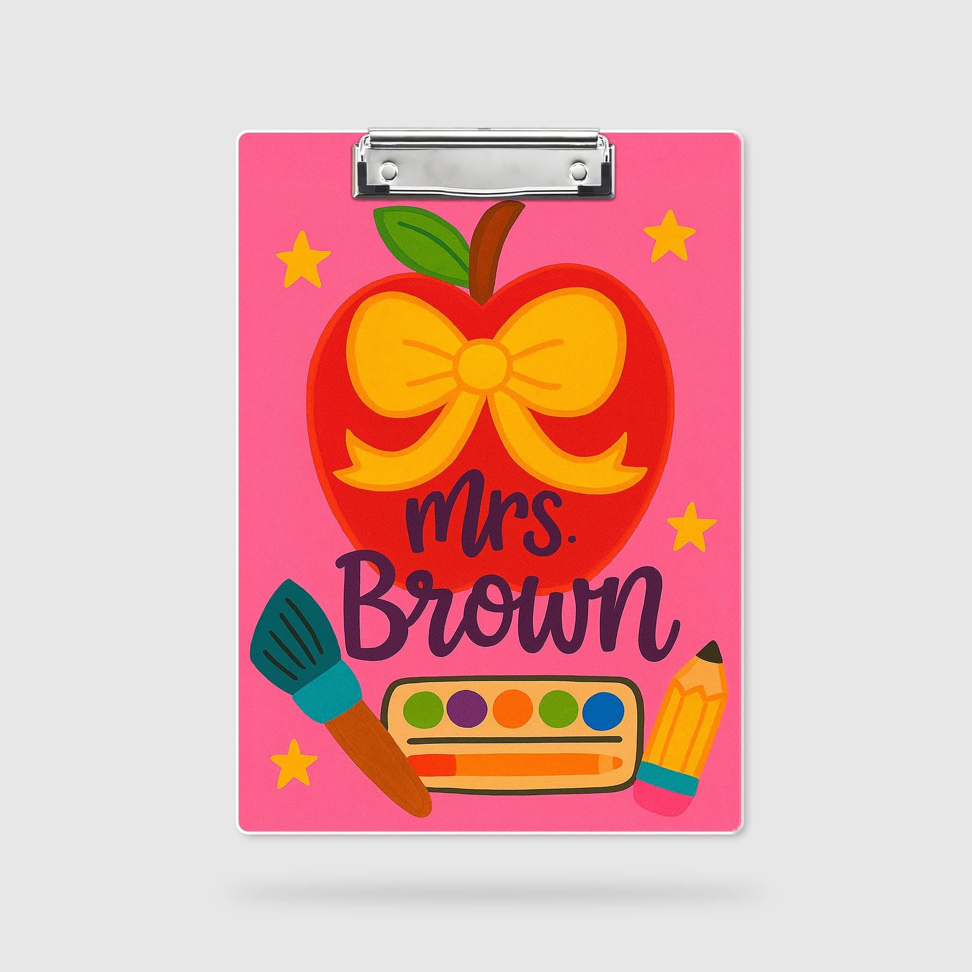 Personalized Teacher Clipboard – Cute Apple with Bow & Art Supplies Design, Custom Back to School Gift for Teachers, Educators, School Staff