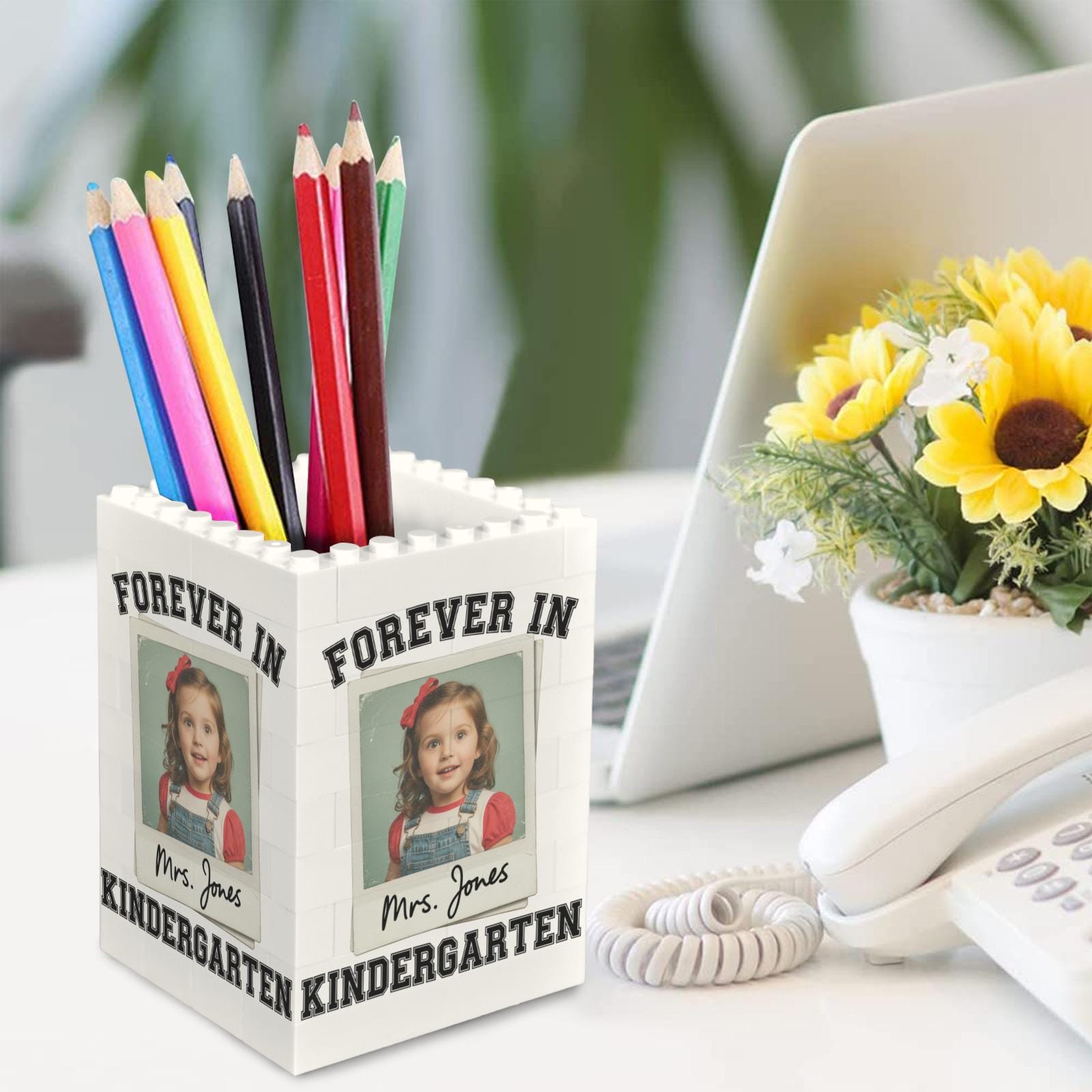 Custom Teacher Brick Pencil Holder, Forever in Kindergarten Gift - Personalized Photo Desk Organizer - End of Year Teacher Appreciation Gift