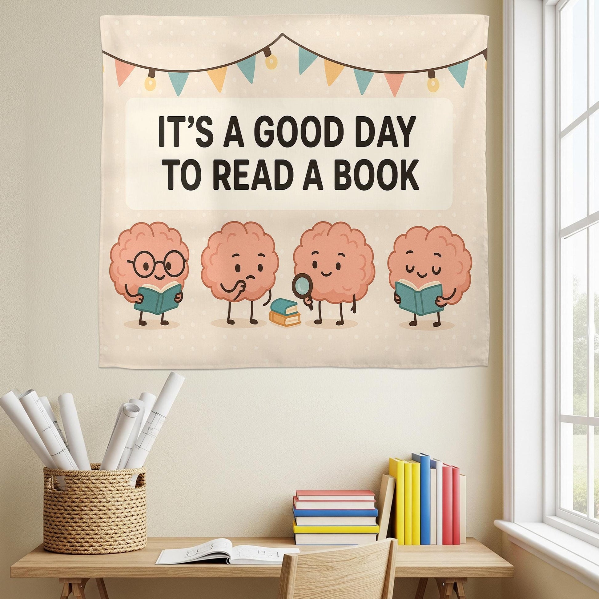 It’s a Good Day to Read a Book Tapestry | Cute Brain Reading Banner | Classroom Library Wall Decor | Teacher Literacy Poster Art