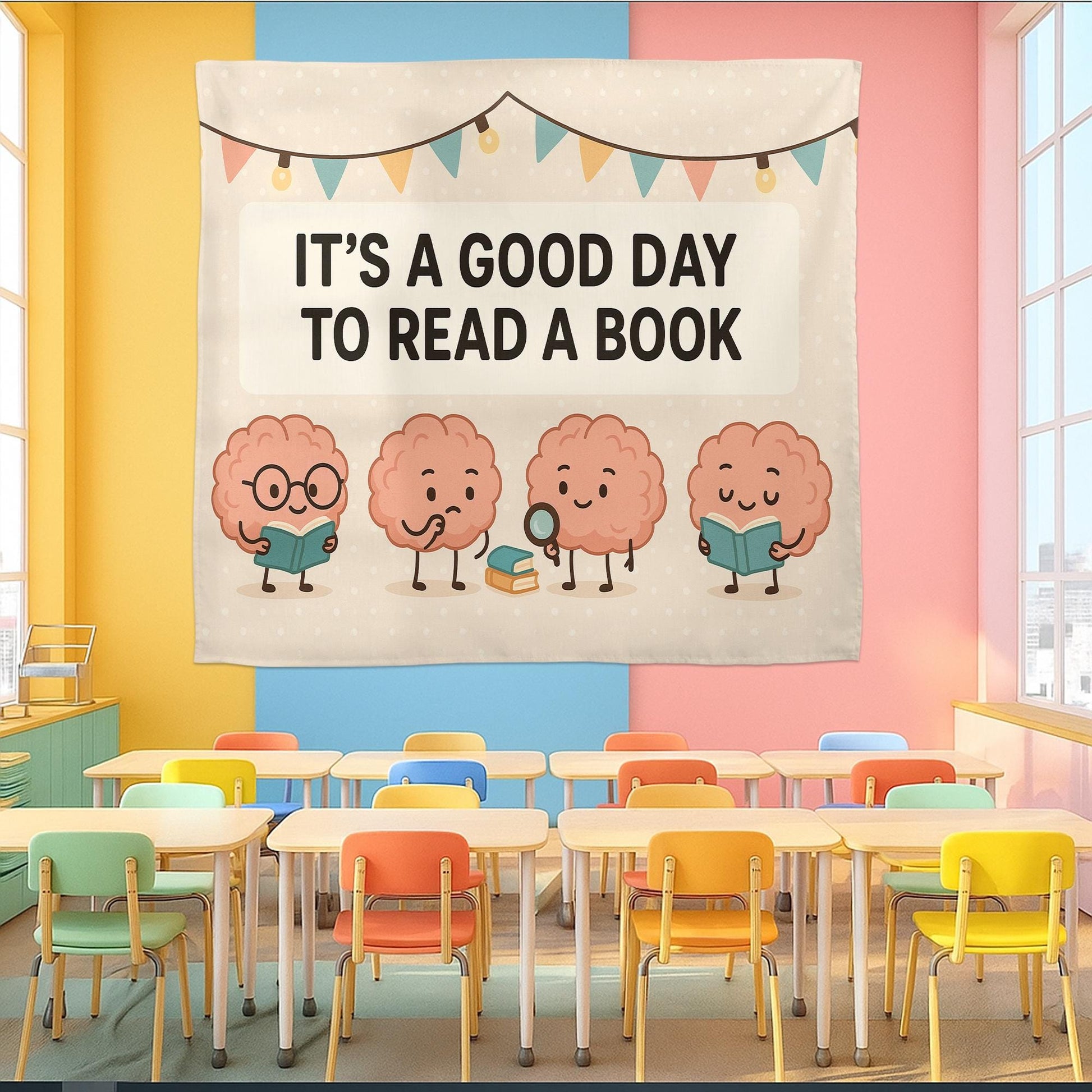 It’s a Good Day to Read a Book Tapestry | Cute Brain Reading Banner | Classroom Library Wall Decor | Teacher Literacy Poster Art