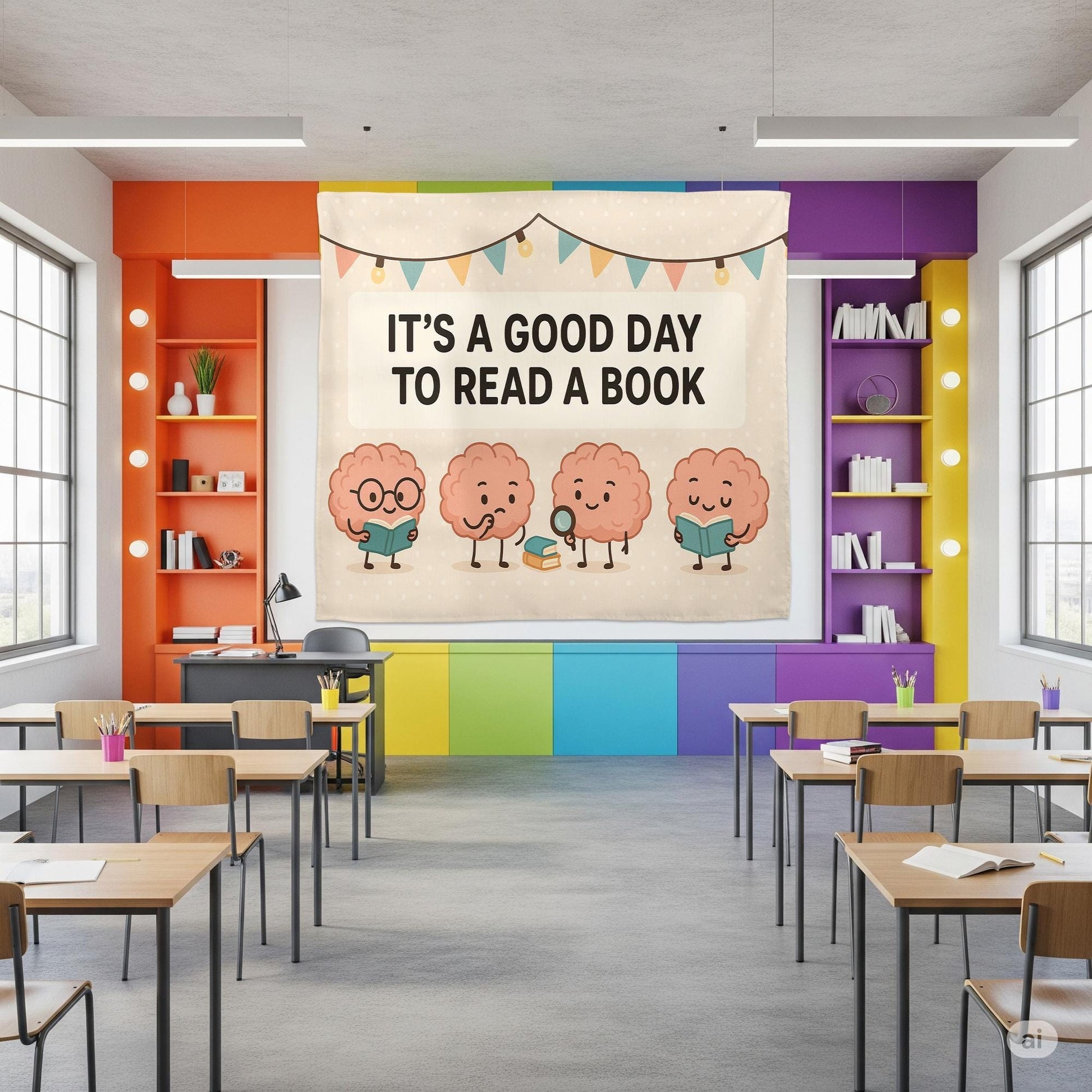 It’s a Good Day to Read a Book Tapestry | Cute Brain Reading Banner | Classroom Library Wall Decor | Teacher Literacy Poster Art