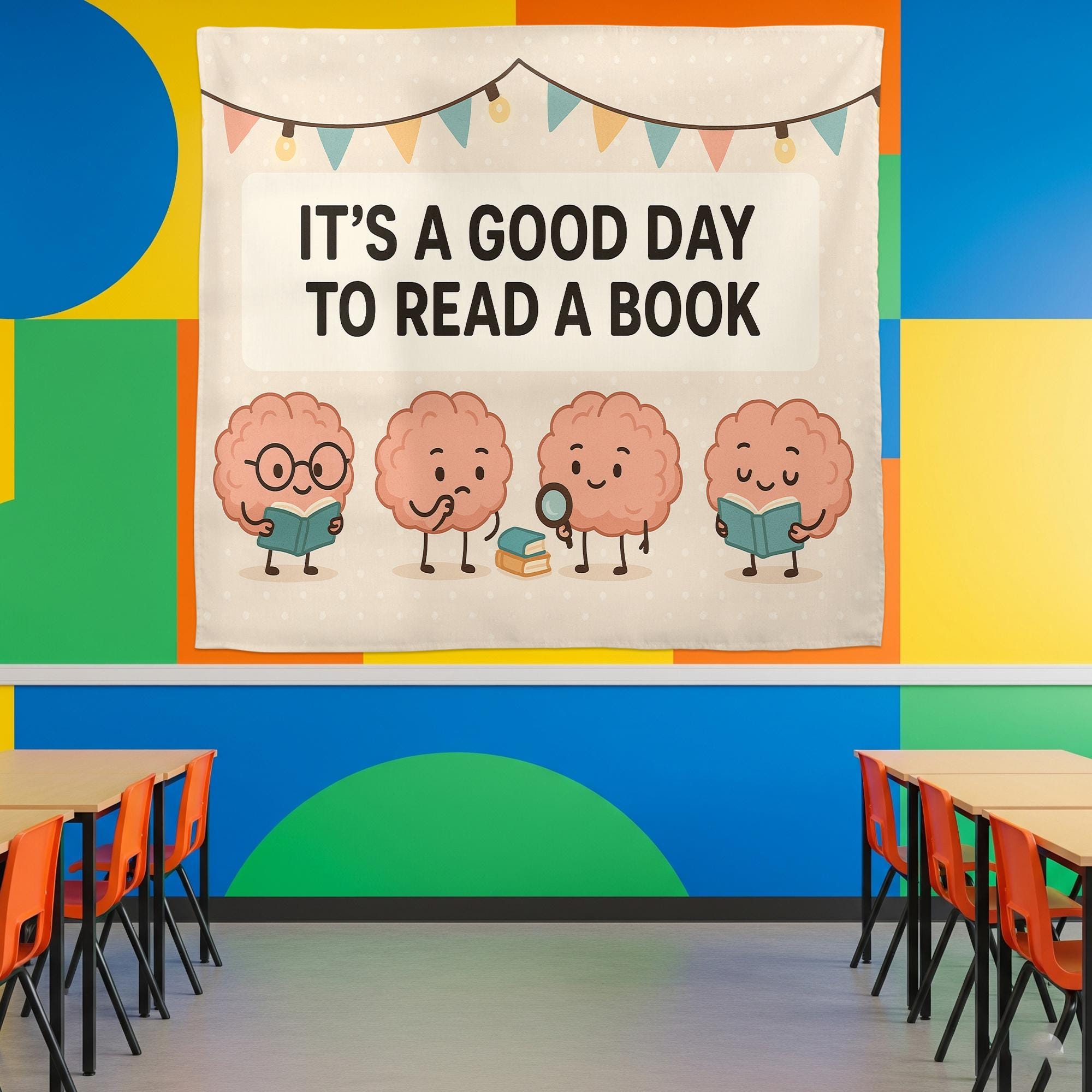It’s a Good Day to Read a Book Tapestry | Cute Brain Reading Banner | Classroom Library Wall Decor | Teacher Literacy Poster Art