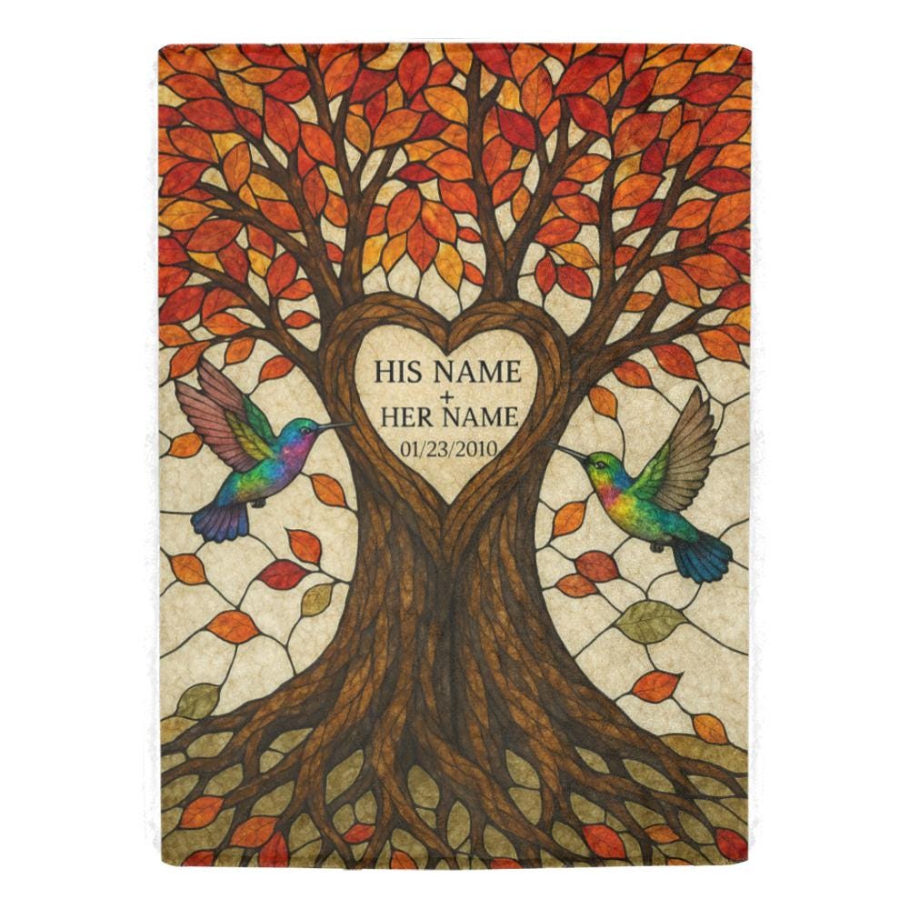 Personalized Anniversary Blanket, Couple Tree of Life Throw, Custom Name & Date Blanket,Fall Hummingbird Gift for Her or Him,Couple Keepsake