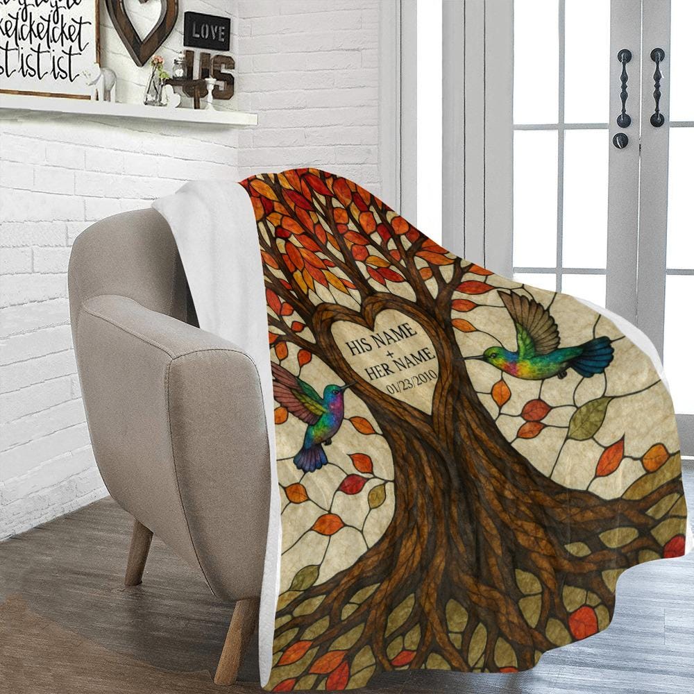 Personalized Anniversary Blanket, Couple Tree of Life Throw, Custom Name & Date Blanket,Fall Hummingbird Gift for Her or Him,Couple Keepsake