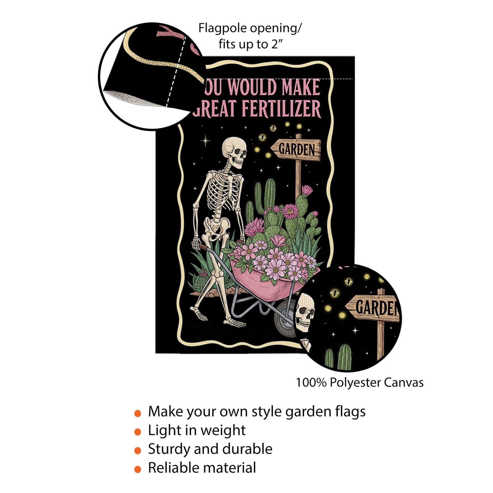 Funny Skeleton Garden Flag | “You Would Make Great Fertilizer” Outdoor Banner | Dark Humor Yard Decor | Gothic Halloween Lawn Flag