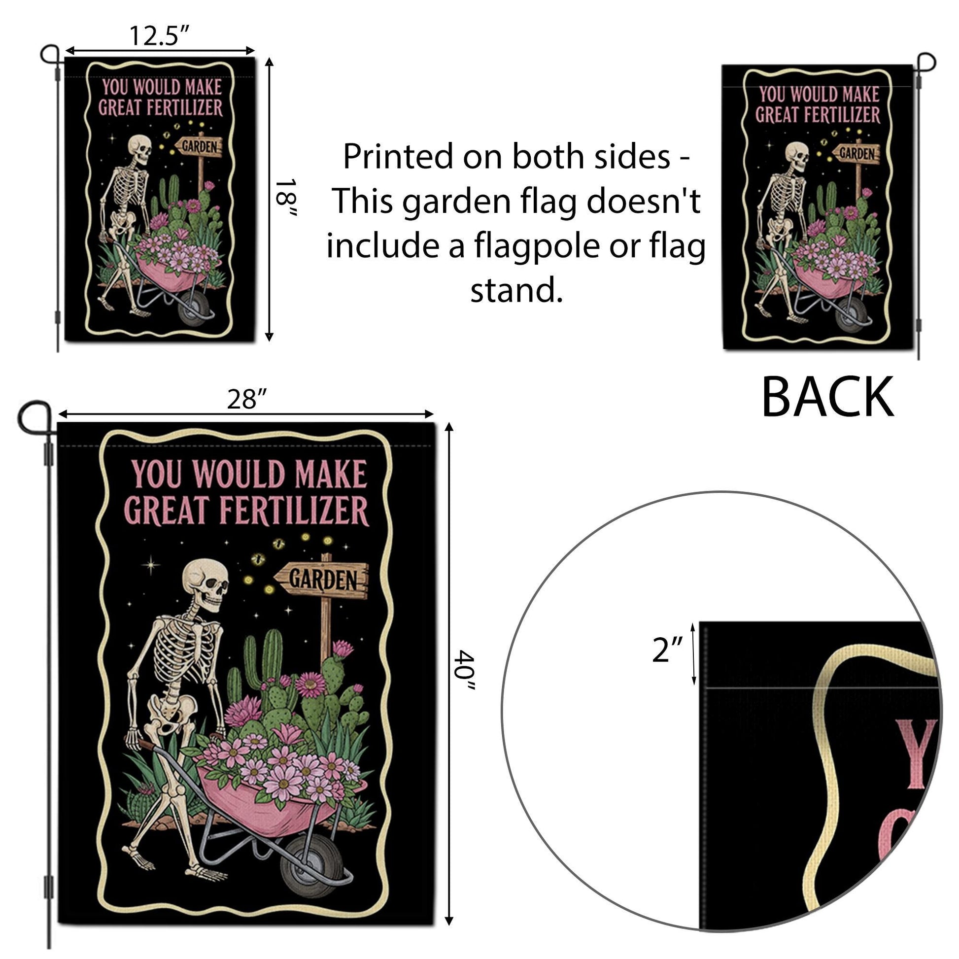 Funny Skeleton Garden Flag | “You Would Make Great Fertilizer” Outdoor Banner | Dark Humor Yard Decor | Gothic Halloween Lawn Flag