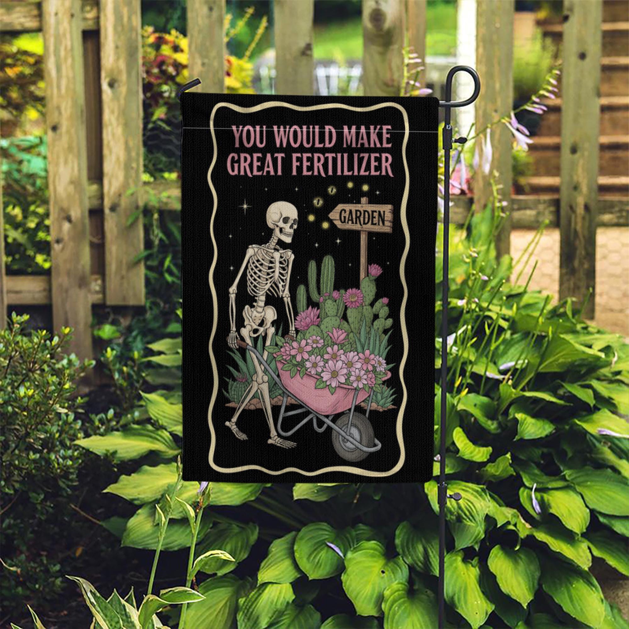 Funny Skeleton Garden Flag | “You Would Make Great Fertilizer” Outdoor Banner | Dark Humor Yard Decor | Gothic Halloween Lawn Flag