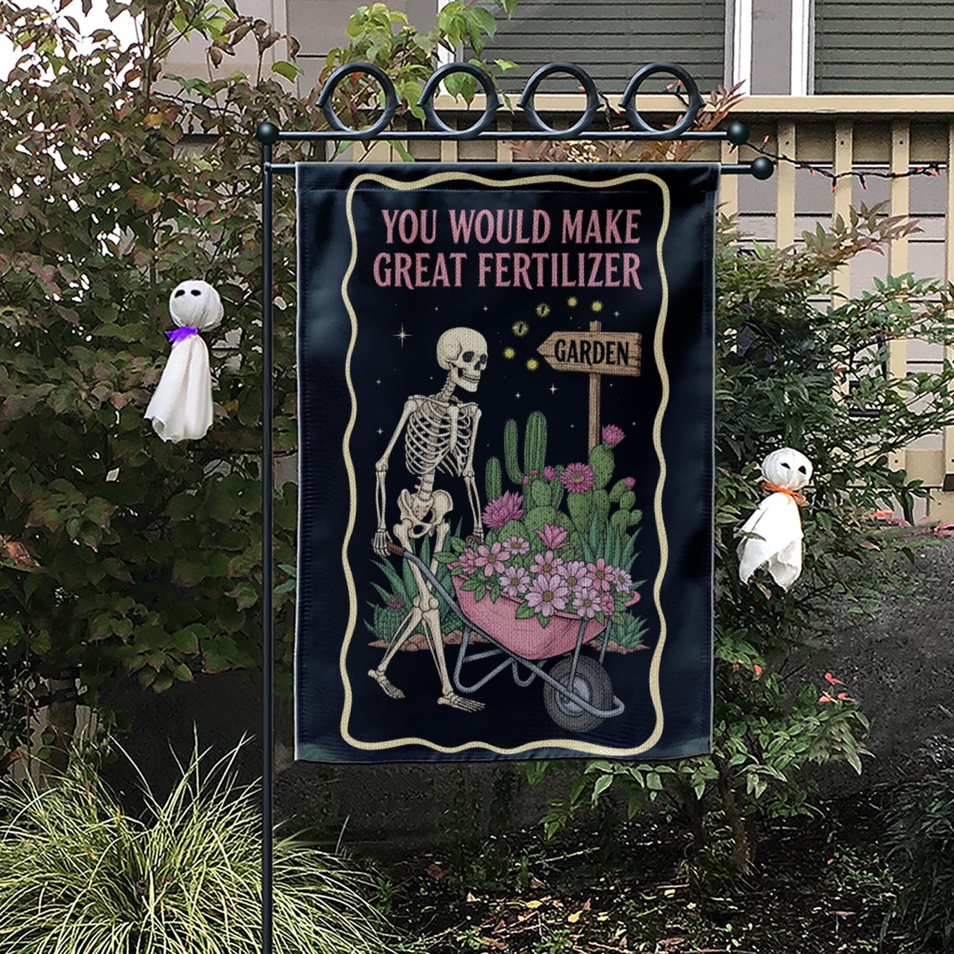 Funny Skeleton Garden Flag | “You Would Make Great Fertilizer” Outdoor Banner | Dark Humor Yard Decor | Gothic Halloween Lawn Flag