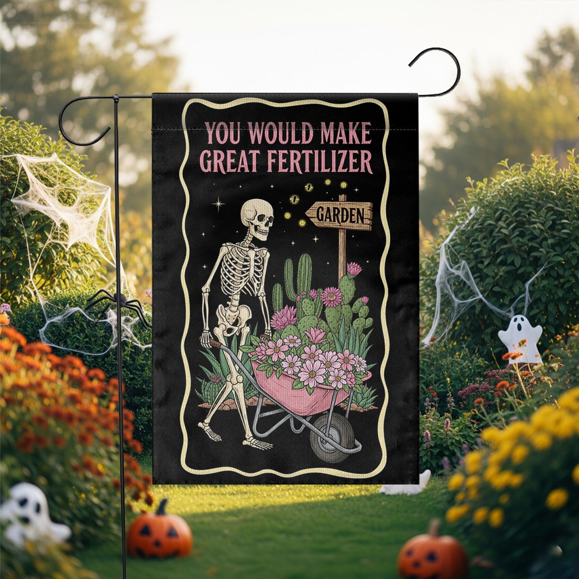 Funny Skeleton Garden Flag | “You Would Make Great Fertilizer” Outdoor Banner | Dark Humor Yard Decor | Gothic Halloween Lawn Flag