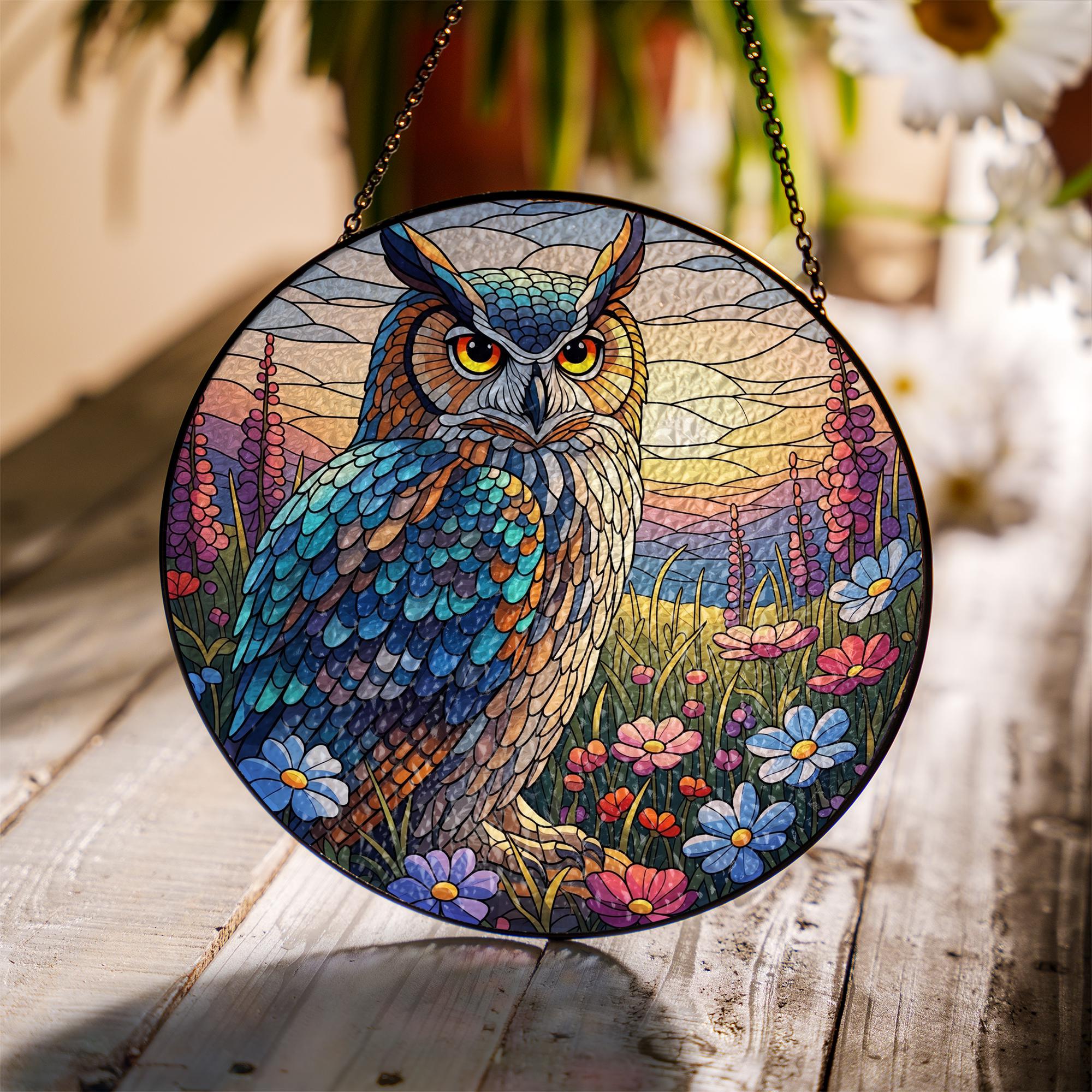 Owl Faux Stained Glass Suncatcher | Colorful Bird Window Hanging | Nature Lover Gift | Woodland Animal Decor | Boho Sun Catcher Art