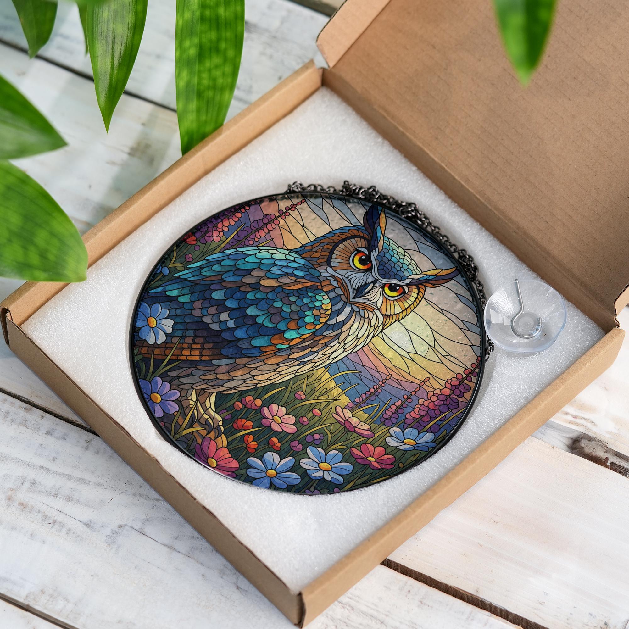 Owl Faux Stained Glass Suncatcher | Colorful Bird Window Hanging | Nature Lover Gift | Woodland Animal Decor | Boho Sun Catcher Art