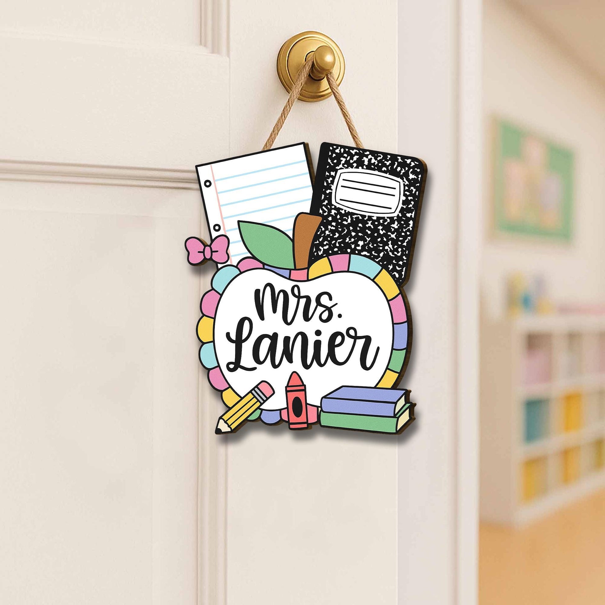 Personalized Teacher Door Hanger with Apple, Crayons, Books & Notebooks | Custom Classroom Sign for Back to School Decor, Teachers