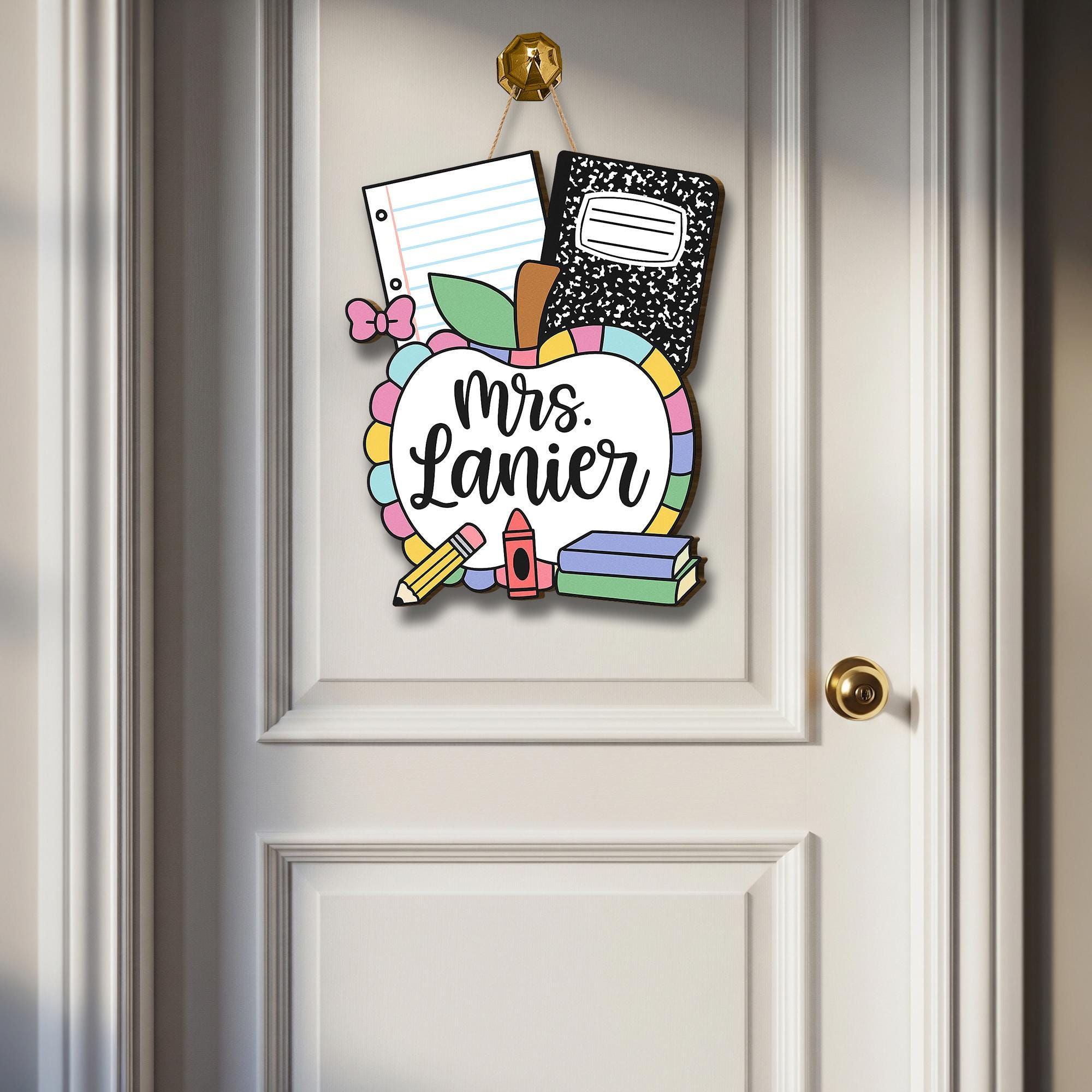 Personalized Teacher Door Hanger with Apple, Crayons, Books & Notebooks | Custom Classroom Sign for Back to School Decor, Teachers