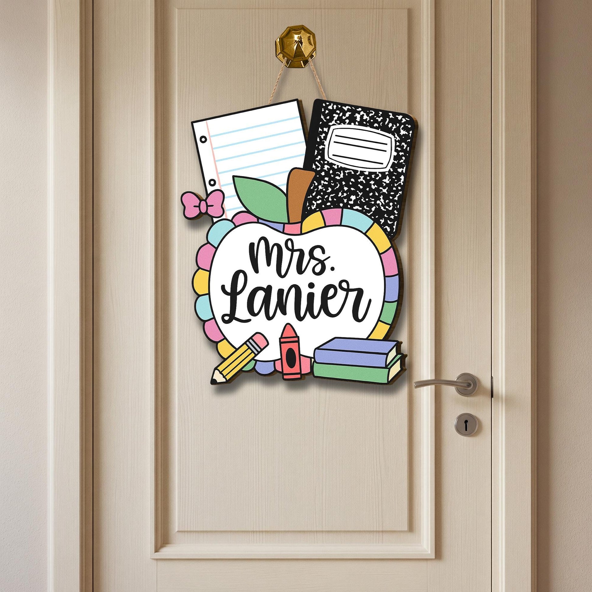Personalized Teacher Door Hanger with Apple, Crayons, Books & Notebooks | Custom Classroom Sign for Back to School Decor, Teachers
