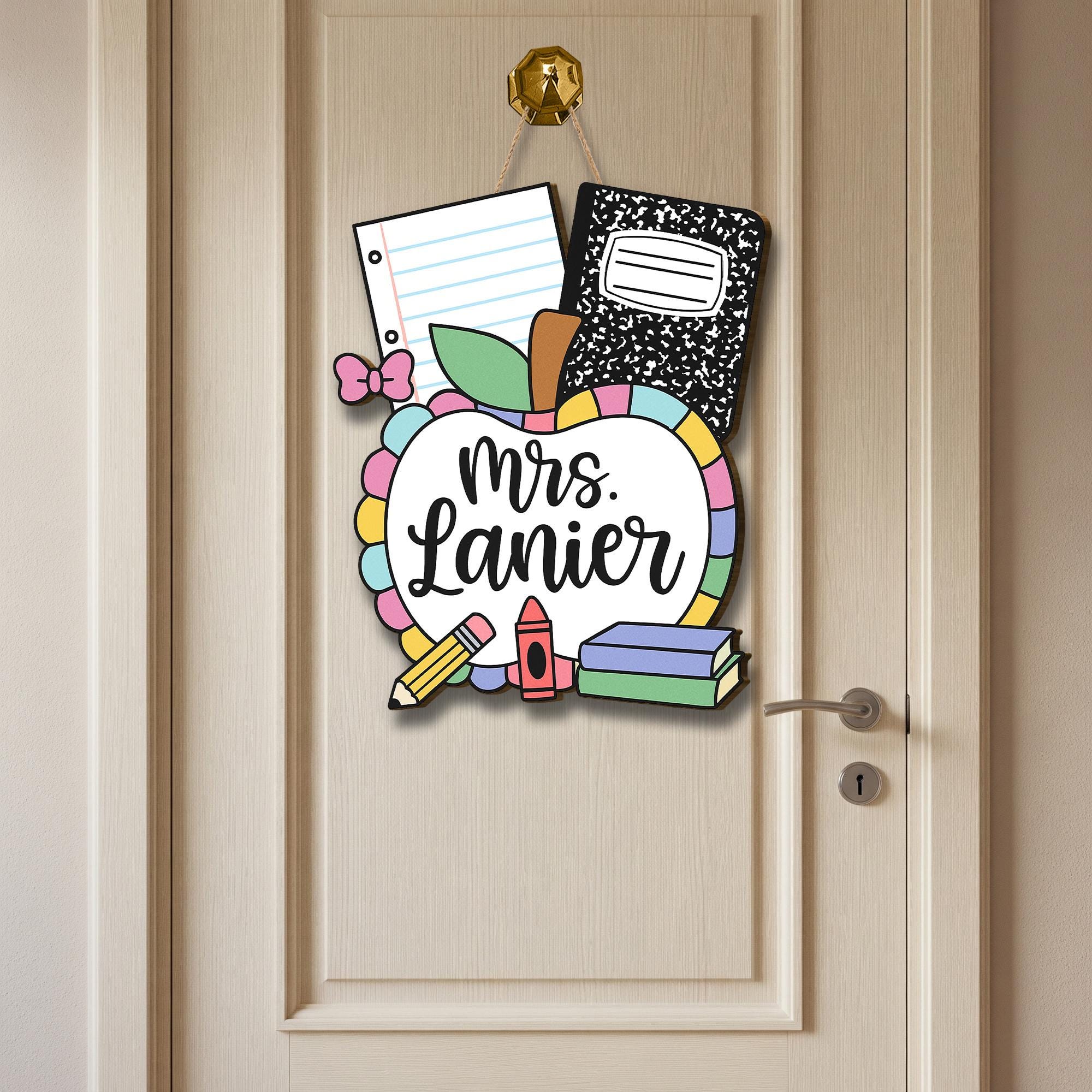Personalized Teacher Door Hanger with Apple, Crayons, Books & Notebooks | Custom Classroom Sign for Back to School Decor, Teachers