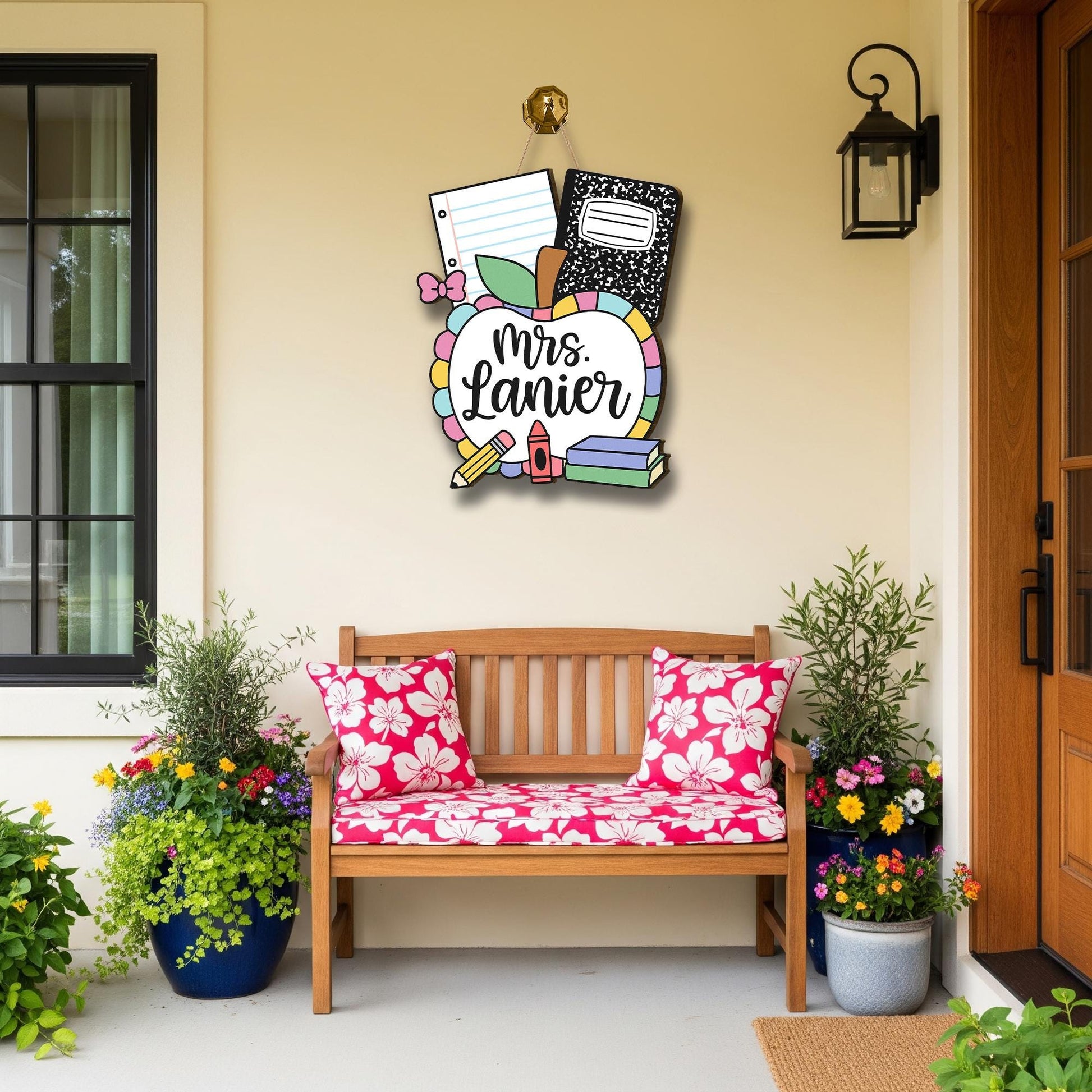 Personalized Teacher Door Hanger with Apple, Crayons, Books & Notebooks | Custom Classroom Sign for Back to School Decor, Teachers