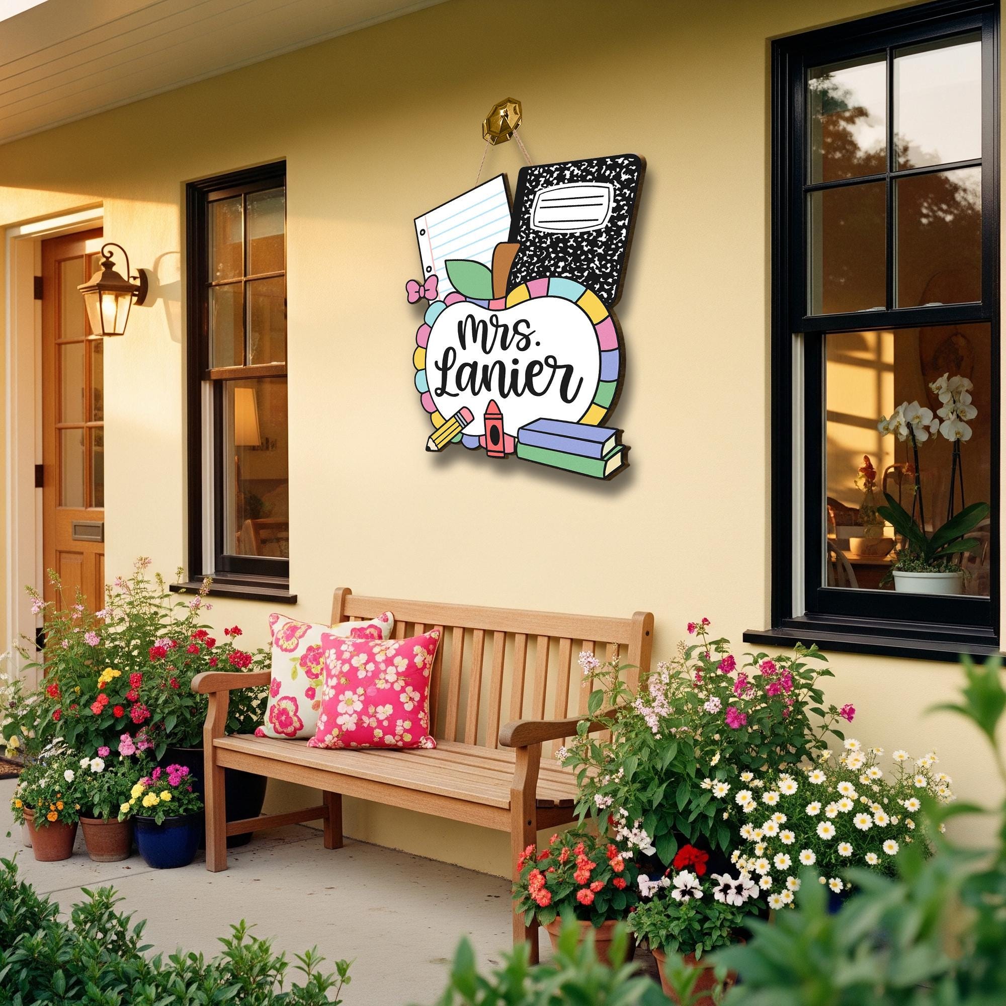 Personalized Teacher Door Hanger with Apple, Crayons, Books & Notebooks | Custom Classroom Sign for Back to School Decor, Teachers
