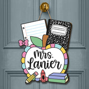 Personalized Teacher Door Hanger with Apple, Crayons, Books & Notebooks | Custom Classroom Sign for Back to School Decor, Teachers