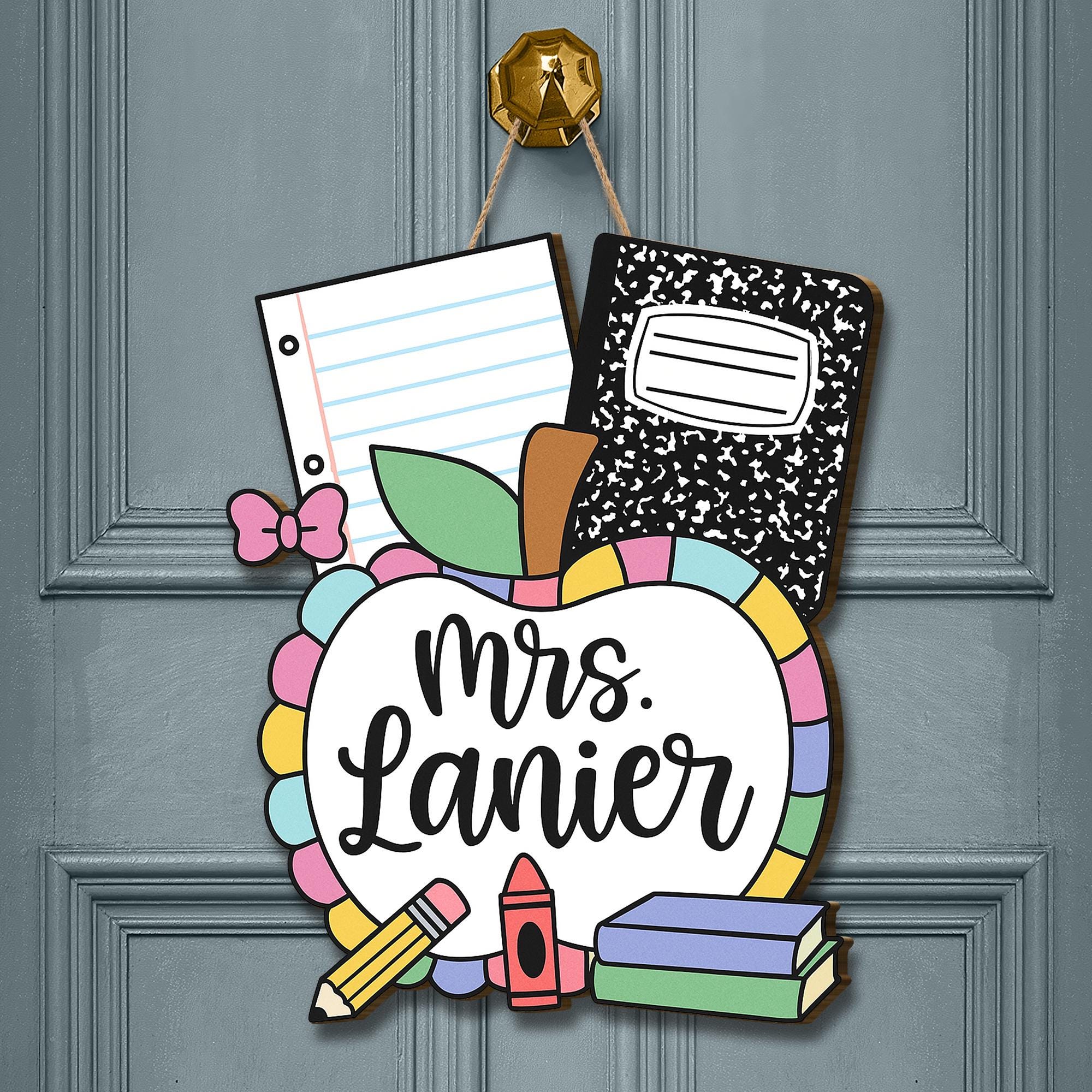 Personalized Teacher Door Hanger with Apple, Crayons, Books & Notebooks | Custom Classroom Sign for Back to School Decor, Teachers