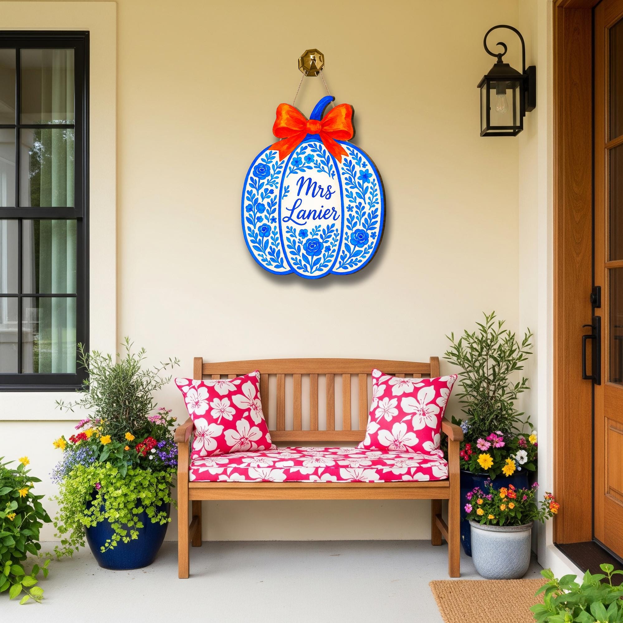 Personalized Blue Floral Pumpkin Door Hanger with Name | Chinoiserie Fall Decor, Personalized Autumn Door Decoration, Orange Bow Porch Sign