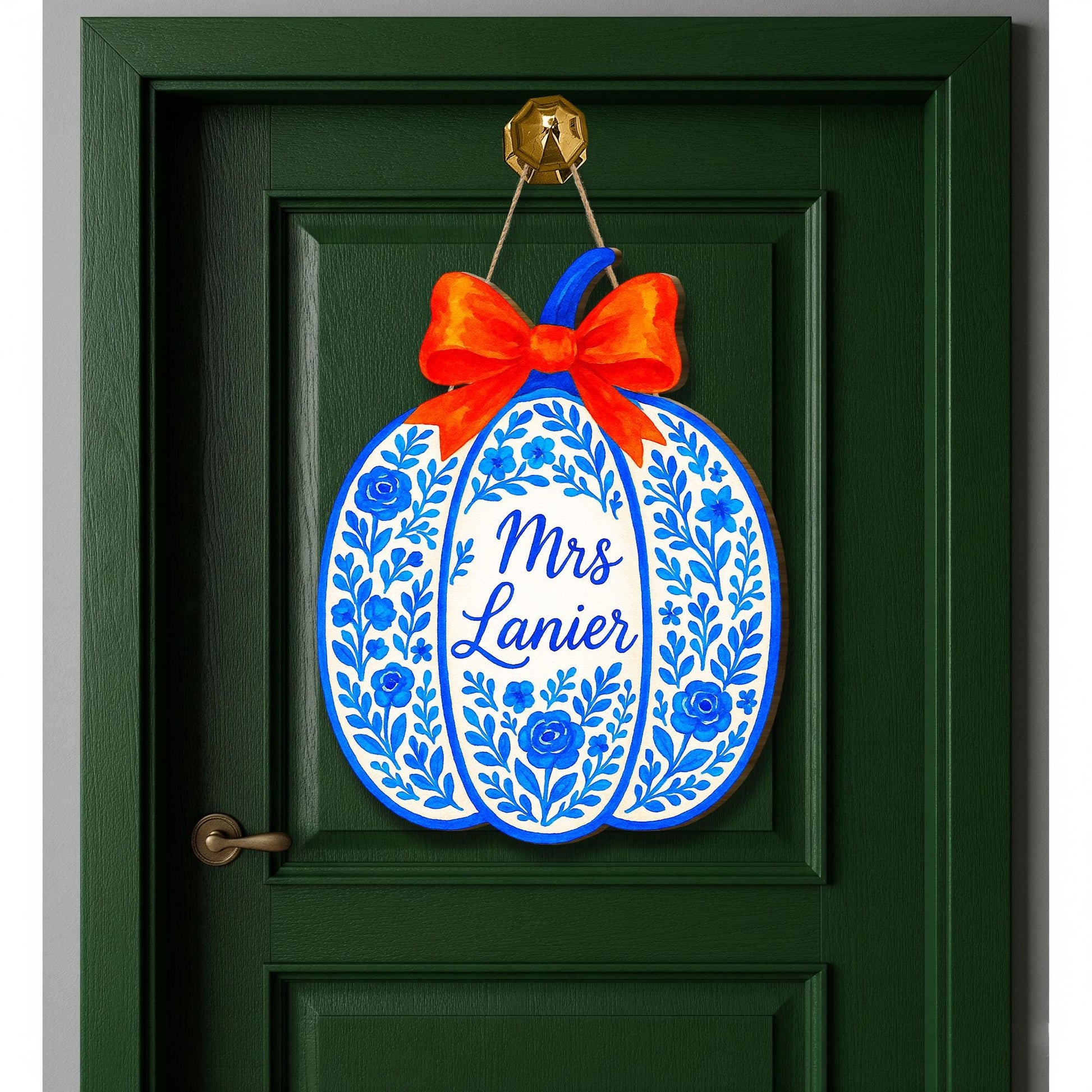 Personalized Blue Floral Pumpkin Door Hanger with Name | Chinoiserie Fall Decor, Personalized Autumn Door Decoration, Orange Bow Porch Sign
