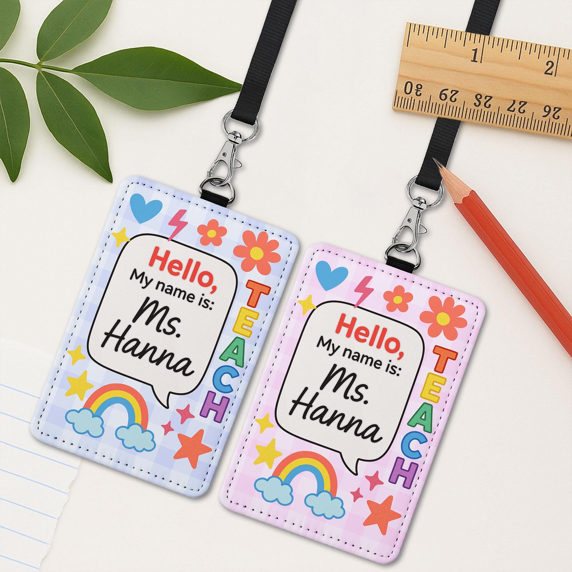 Personalized Teacher Name Badge, Cute Classroom ID Holder, Personalized Lanyard for Teachers, Rainbow Floral School ID Tag, Teacher Badge