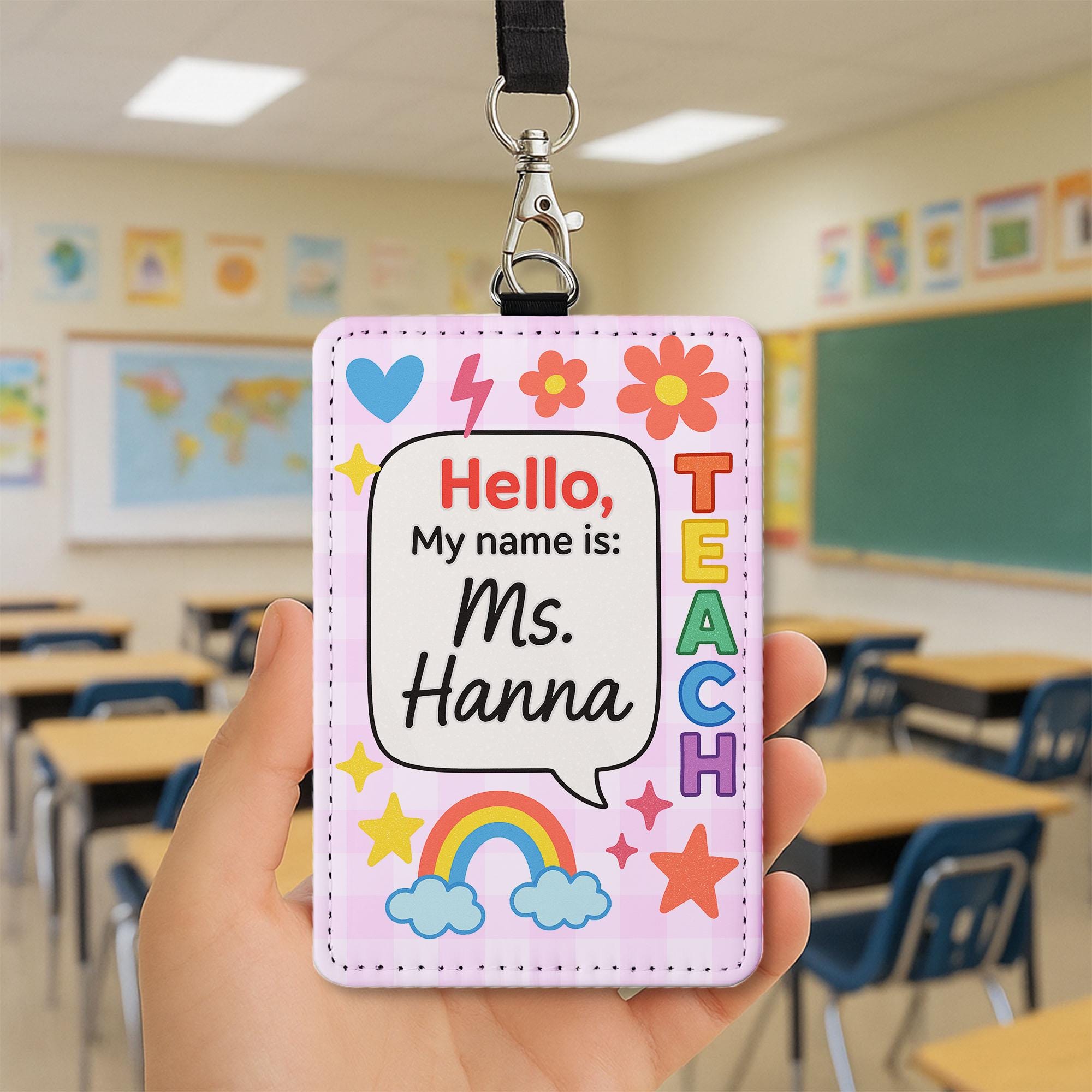 Personalized Teacher Name Badge, Cute Classroom ID Holder, Personalized Lanyard for Teachers, Rainbow Floral School ID Tag, Teacher Badge