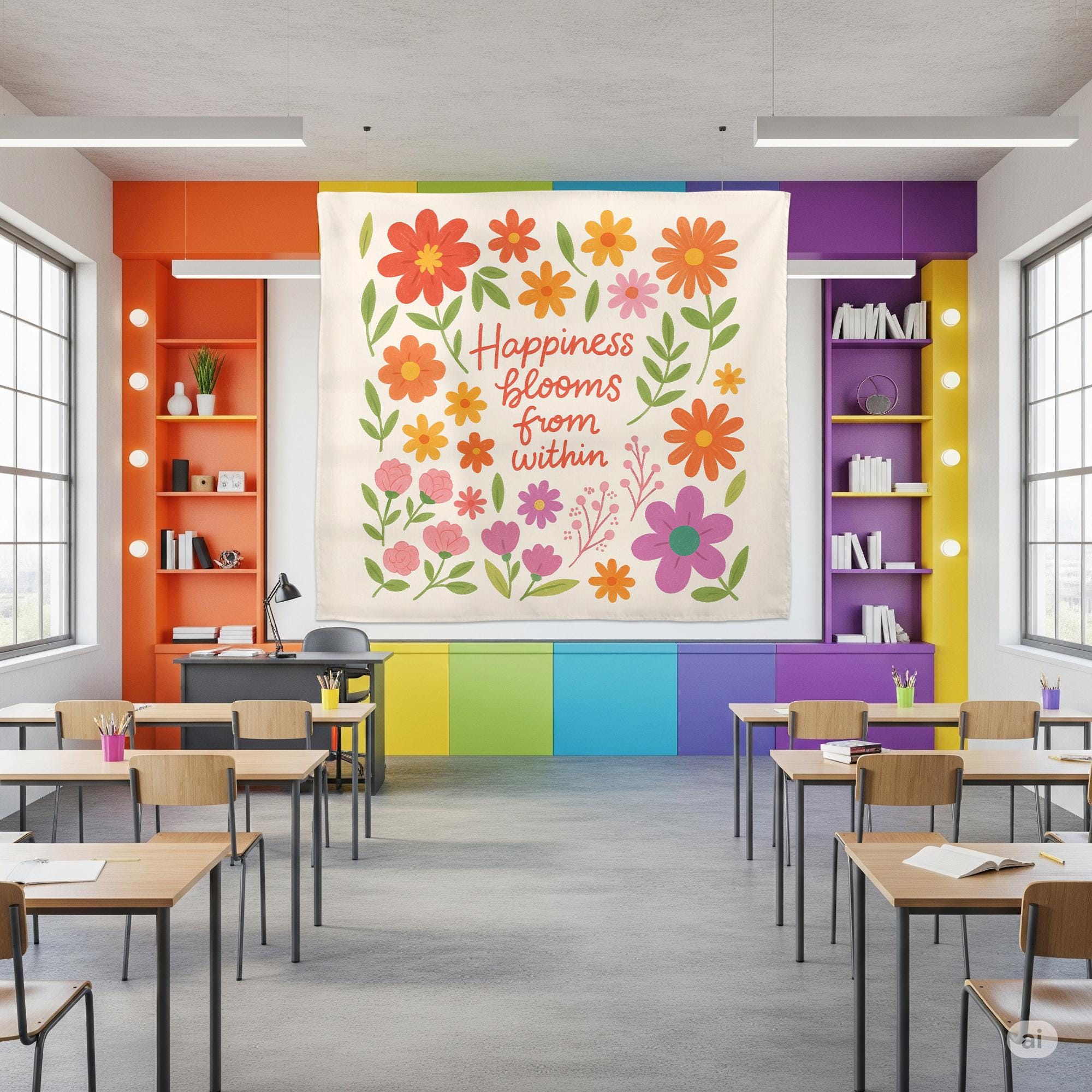 Happiness Blooms From WithinTapestry, Back to School Classroom Decor, Colorful Floral Wall Art Positive Affirmation Poster, Teacher Banner
