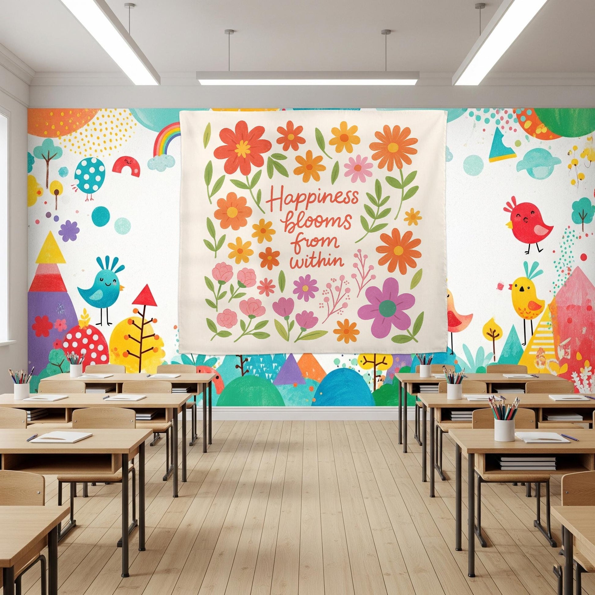 Happiness Blooms From WithinTapestry, Back to School Classroom Decor, Colorful Floral Wall Art Positive Affirmation Poster, Teacher Banner