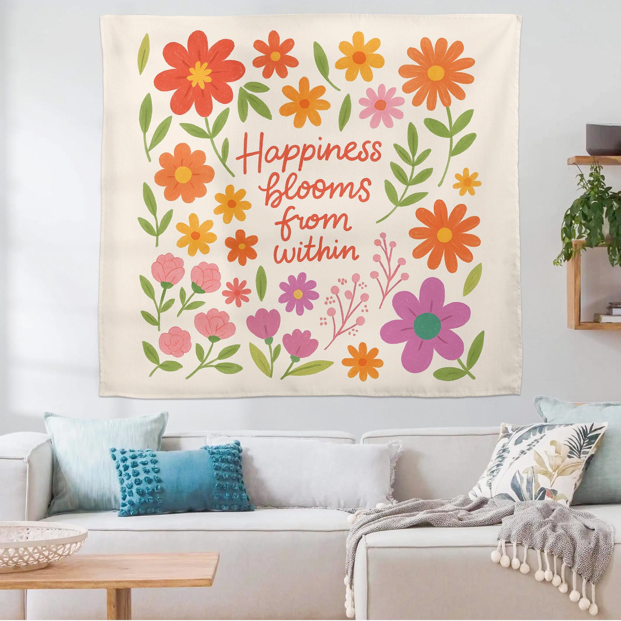 Happiness Blooms From WithinTapestry, Back to School Classroom Decor, Colorful Floral Wall Art Positive Affirmation Poster, Teacher Banner