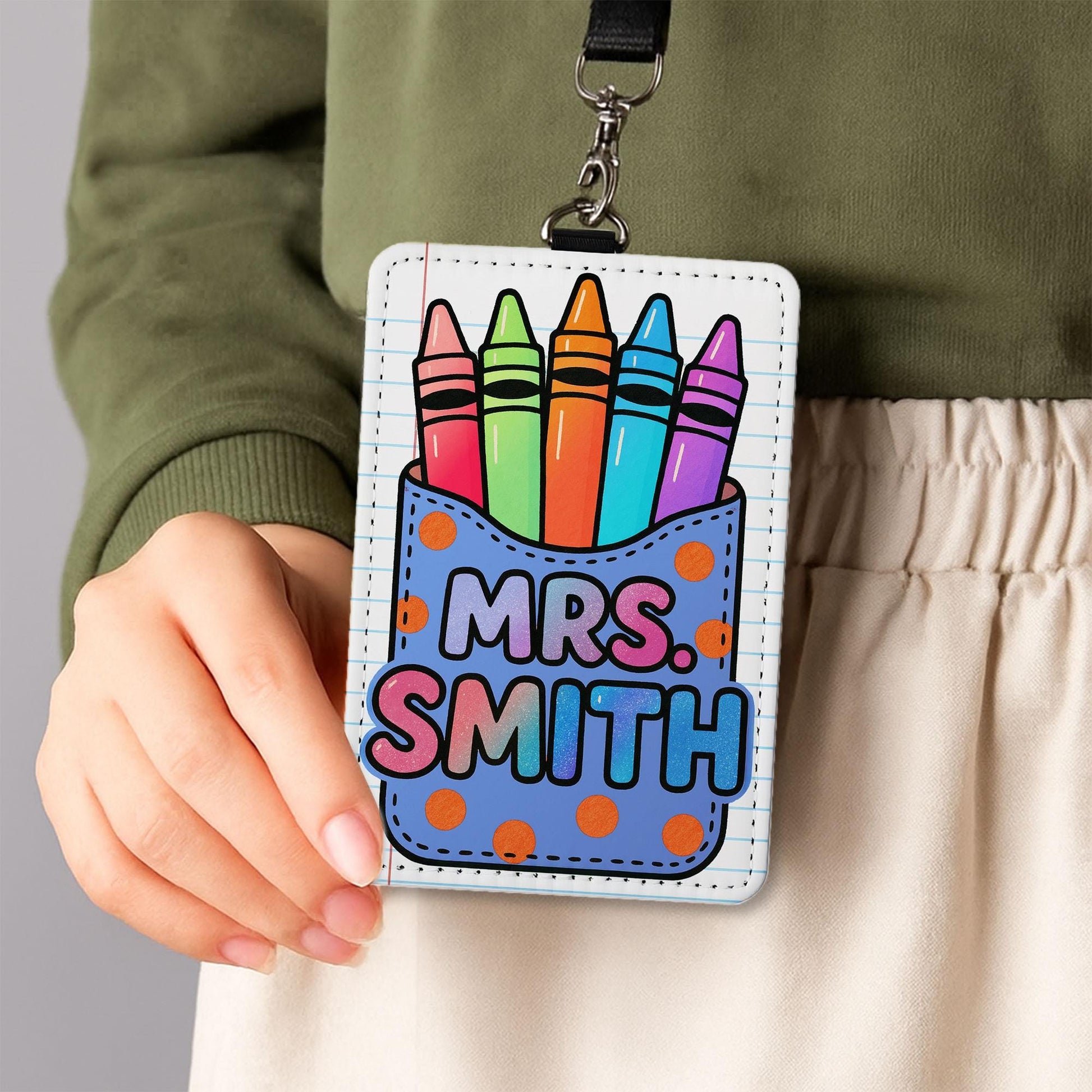 Teacher Badge Holder, Crayon Teacher ID Tag, Cute Name Badge for Classroom, Personalized Lanyard, Custom School Accessory, Cute  ID Tag