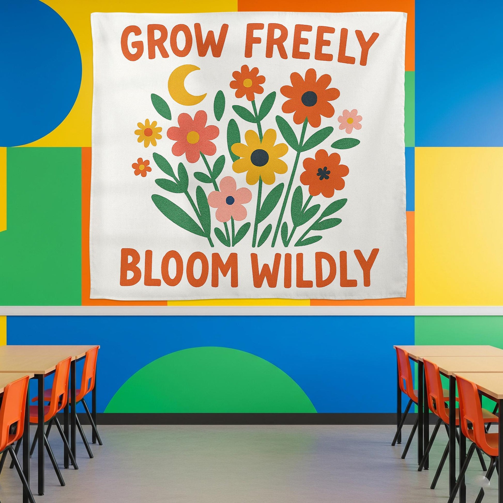 Grow Freely Bloom Wildly Wall Tapestry, Floral Boho Wall Art with Inspirational Quote for Dorm, Bedroom, Classroom, Decor, Teacher Banner