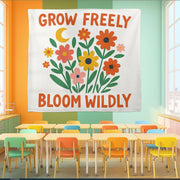 Grow Freely Bloom Wildly Wall Tapestry, Floral Boho Wall Art with Inspirational Quote for Dorm, Bedroom, Classroom, Decor, Teacher Banner