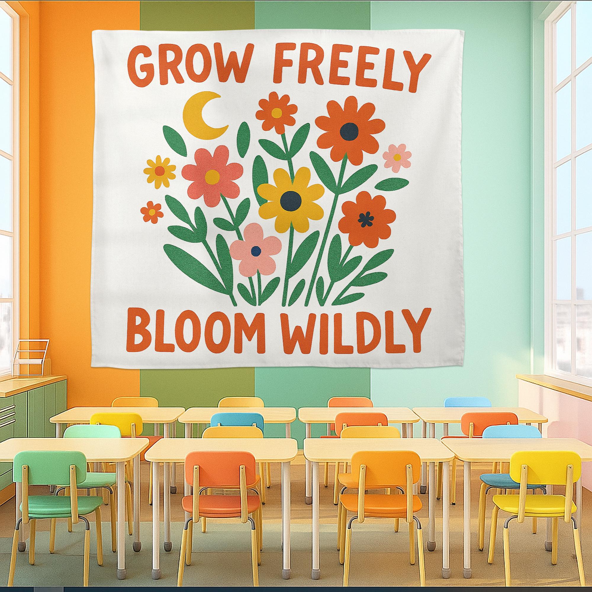 Grow Freely Bloom Wildly Wall Tapestry, Floral Boho Wall Art with Inspirational Quote for Dorm, Bedroom, Classroom, Decor, Teacher Banner