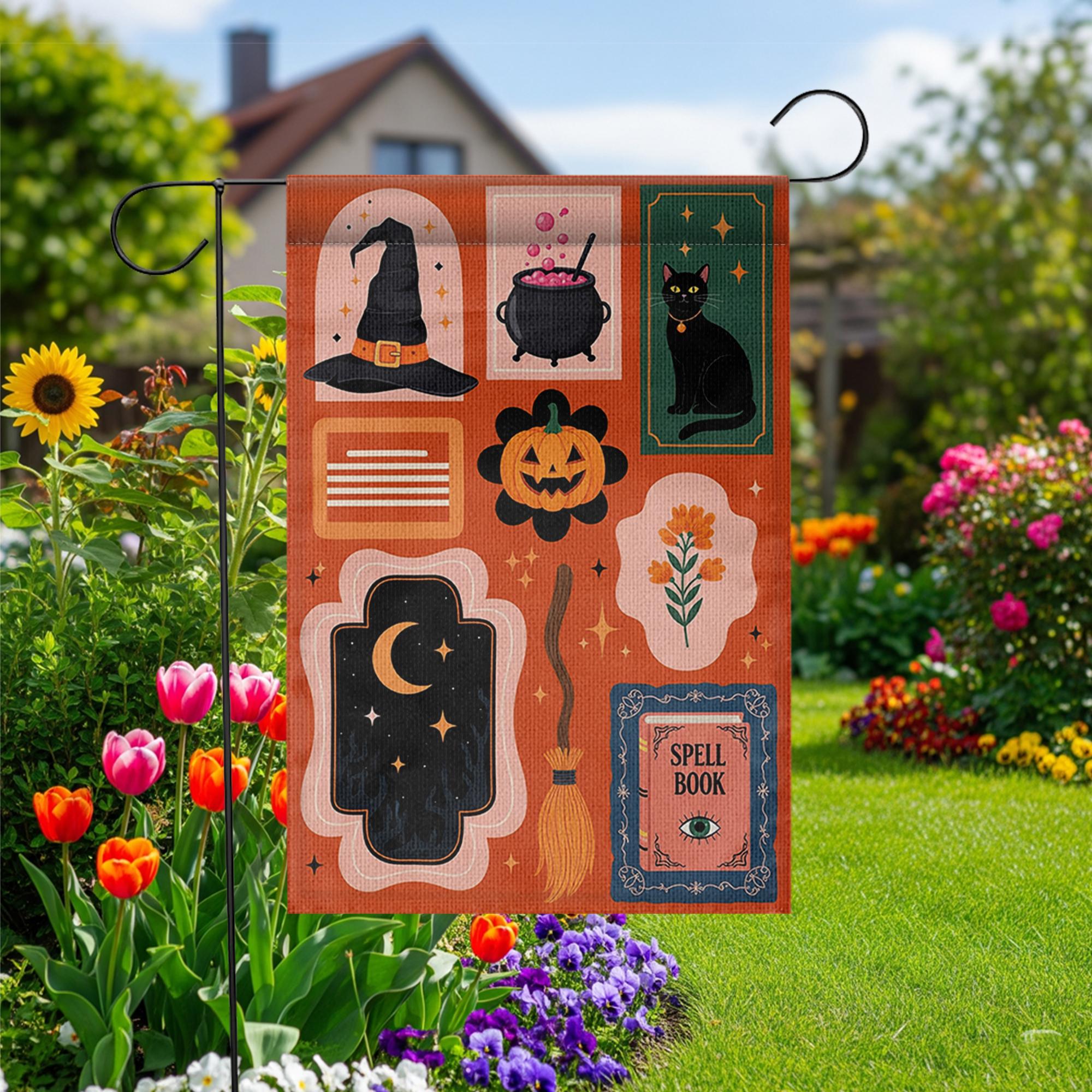 Halloween Garden Flag - Witchy Outdoor Yard Banner - Spooky Fall Porch Decor - Black Cat & Spell Book Sign - Trick or Treat Welcome