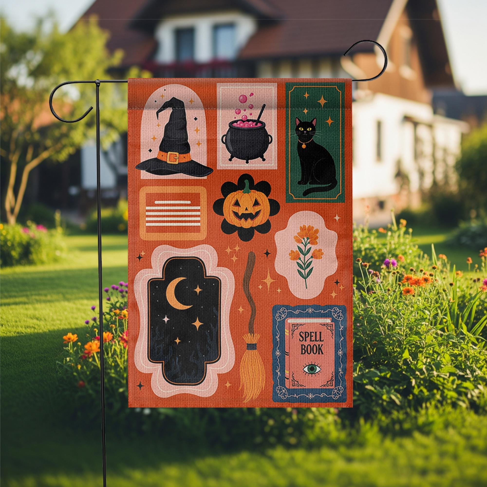 Halloween Garden Flag - Witchy Outdoor Yard Banner - Spooky Fall Porch Decor - Black Cat & Spell Book Sign - Trick or Treat Welcome