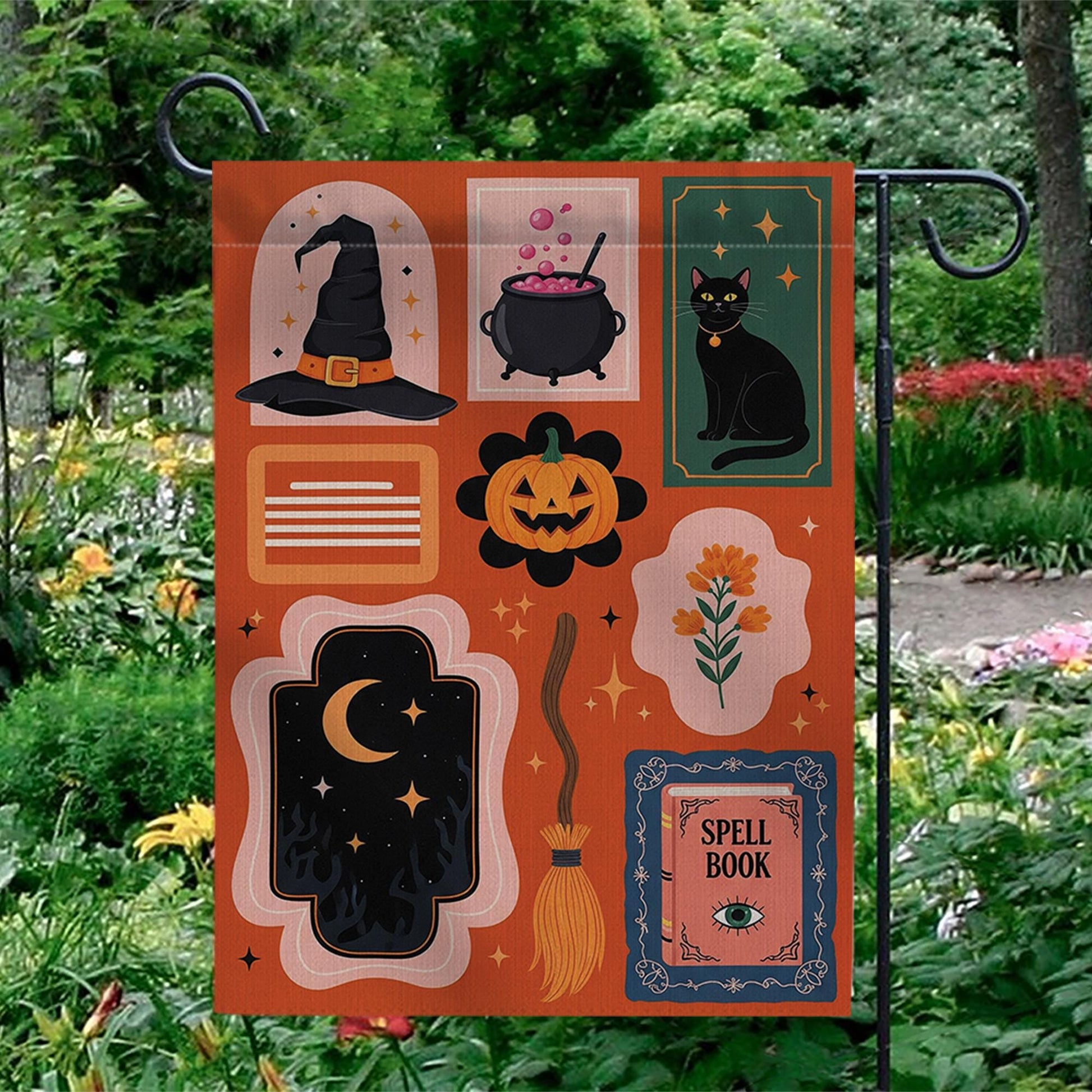 Halloween Garden Flag - Witchy Outdoor Yard Banner - Spooky Fall Porch Decor - Black Cat & Spell Book Sign - Trick or Treat Welcome