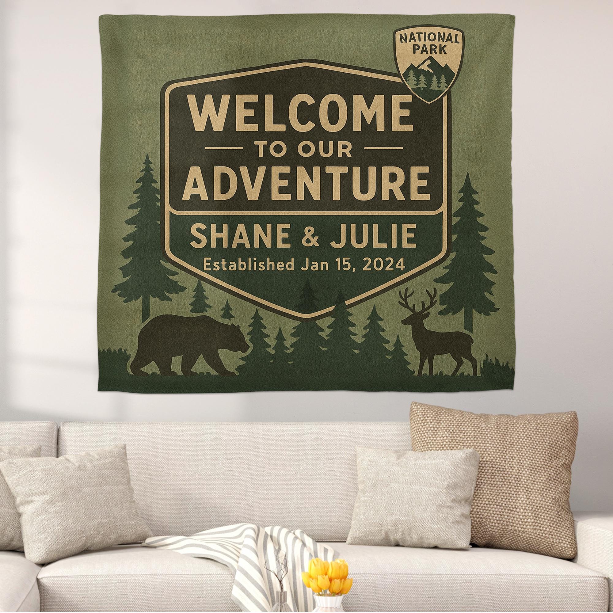Outdoor Adventure Couple Tapestry, Custom Anniversary Gift, National Park Style Wall Art, Personalized Nature Tapestry