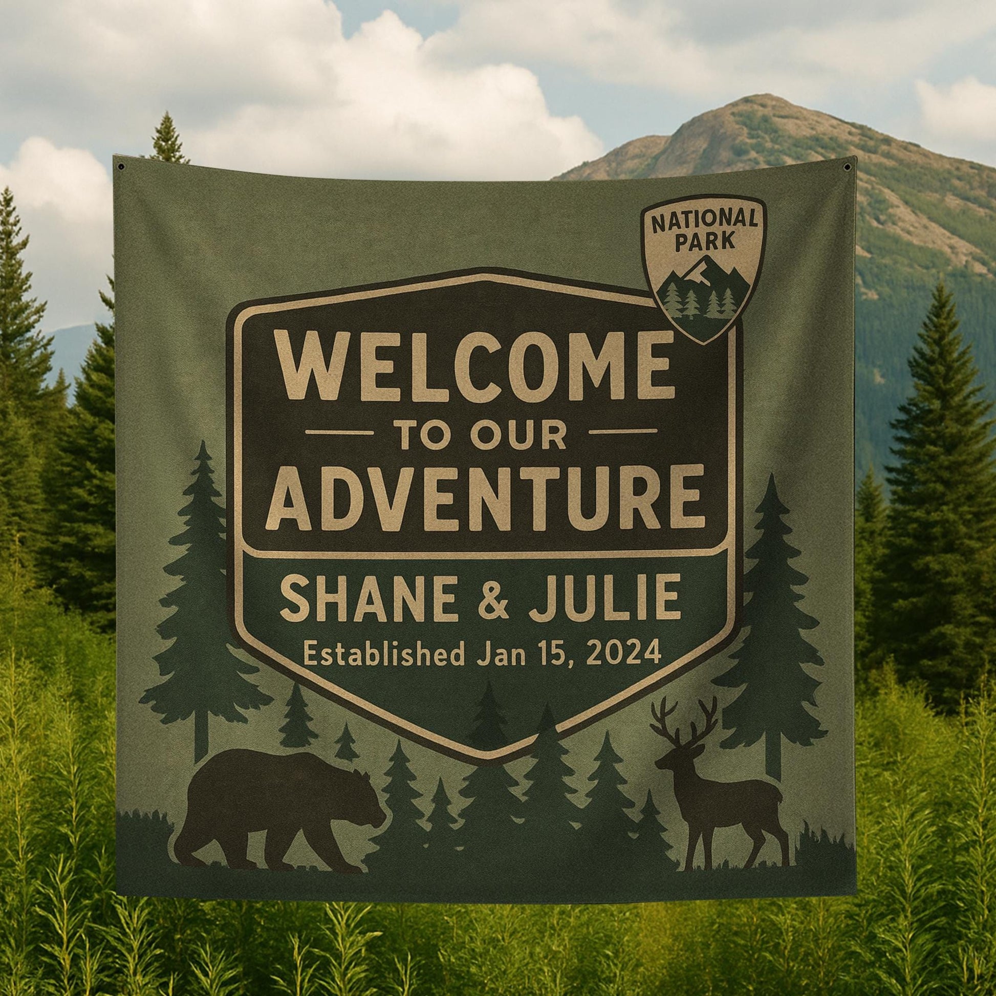 Outdoor Adventure Couple Tapestry, Custom Anniversary Gift, National Park Style Wall Art, Personalized Nature Tapestry